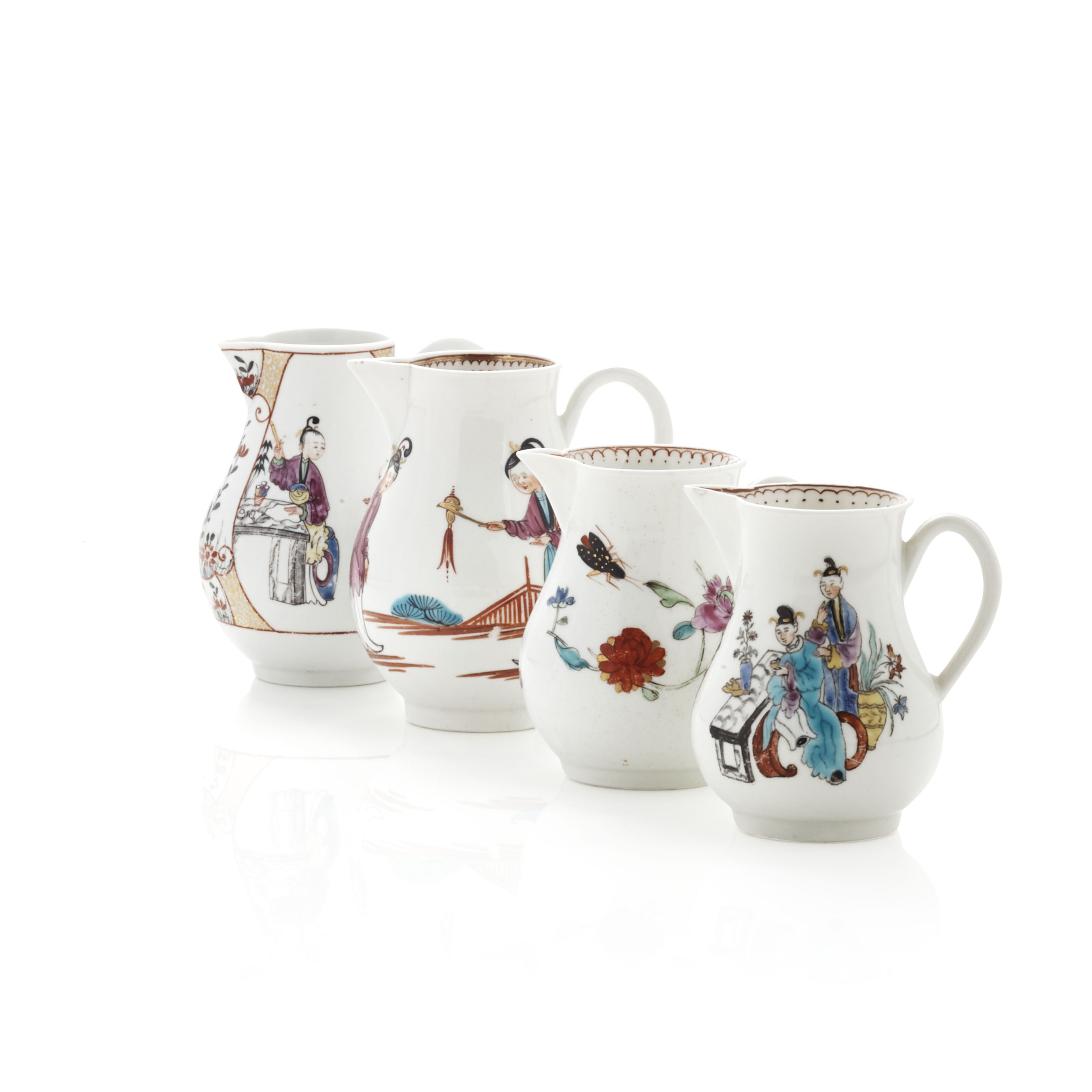 GROUP OF FOUR WORCESTER FIRST PERIOD PORCELAIN SPARROW BEAK JUGS