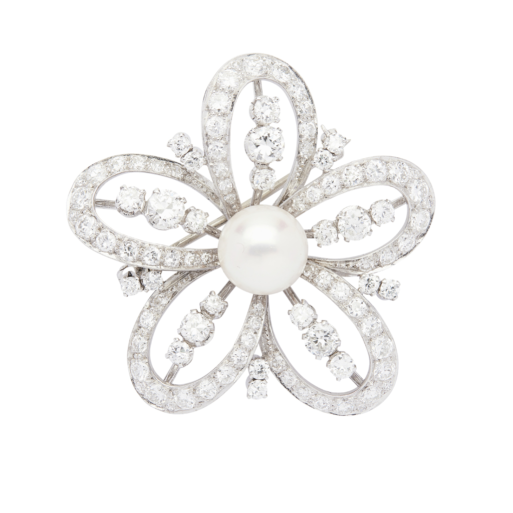 A diamond and cultured pearl set brooch