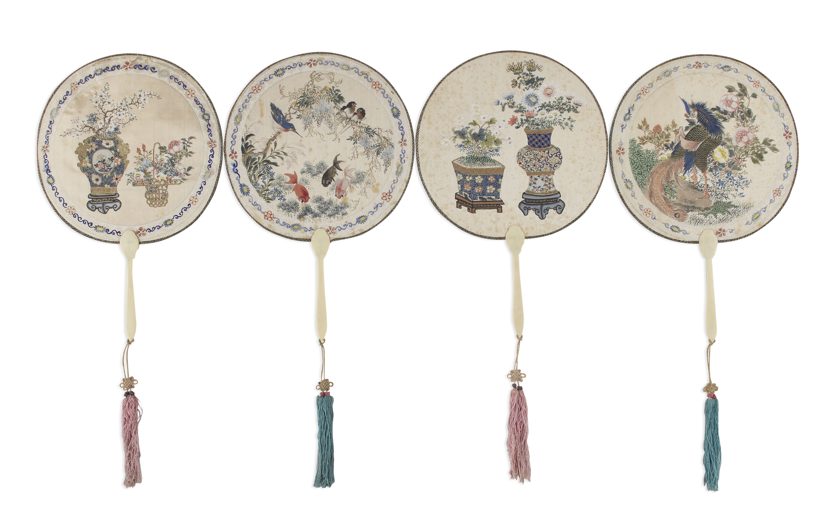 GROUP OF FOUR CHINESE PAINTED SILK AND IVORY FANS