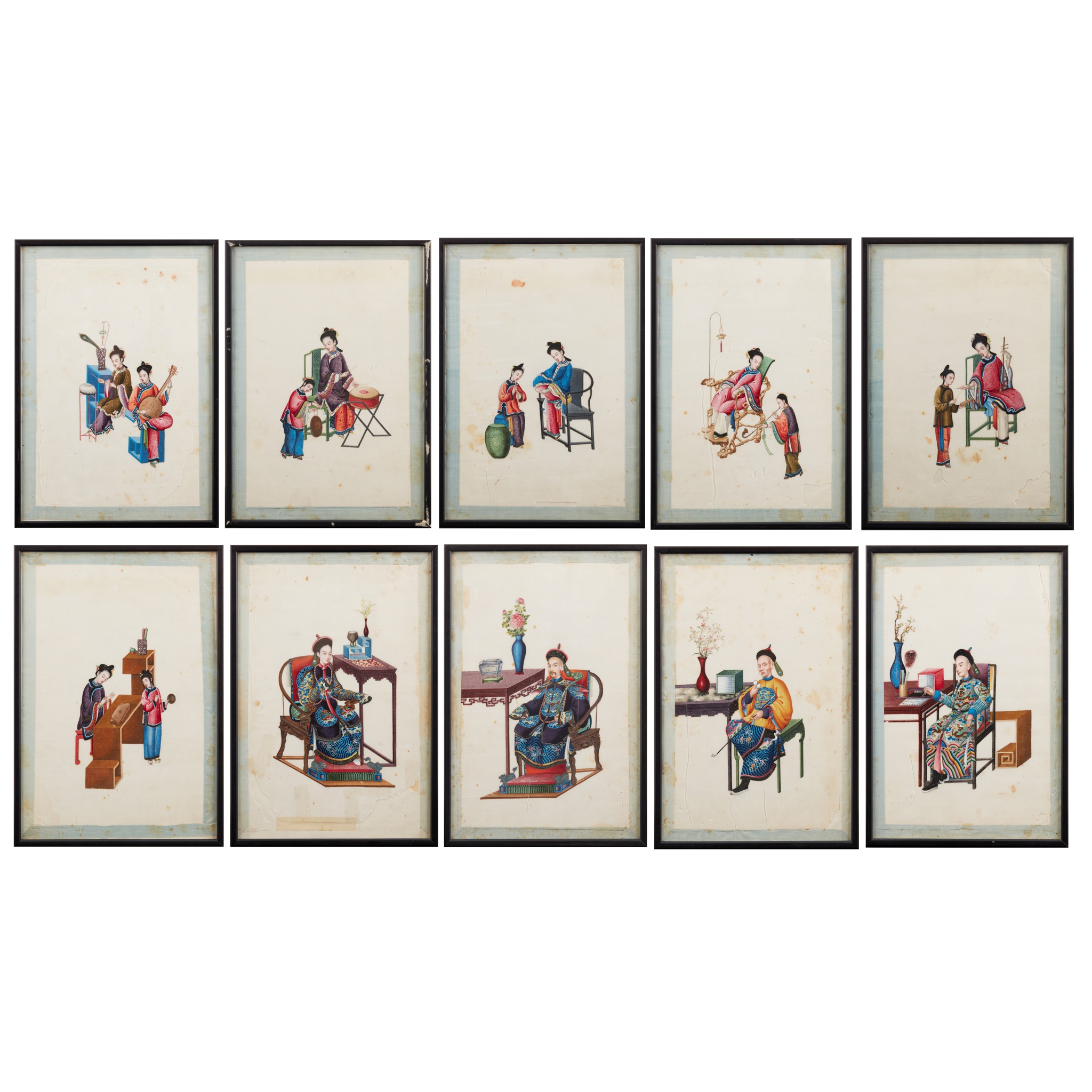 GROUP OF TEN CANTON SCHOOL PITH PAINTINGS OF FIGURES