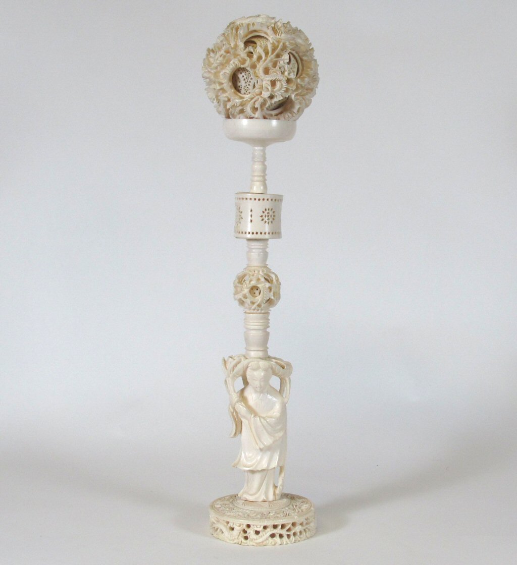 LARGE CHINESE CANTON CARVED IVORY PUZZLE BALL AND STAND