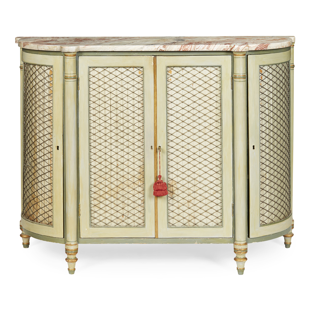 REGENCY GREEN PAINTED AND MARBLE TOP SIDE CABINET
