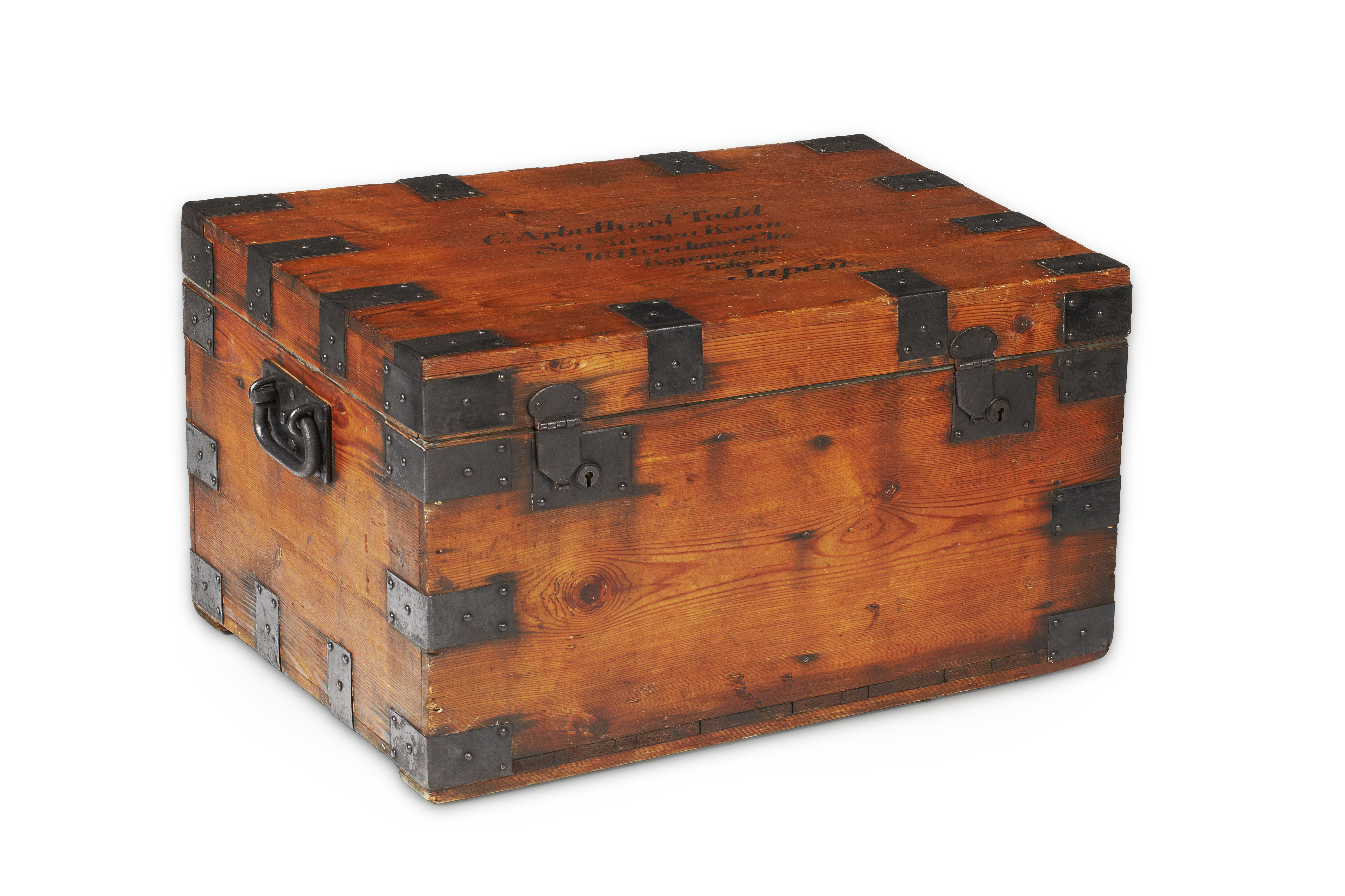 VICTORIAN PINE AND IRON BOUND TRUNK