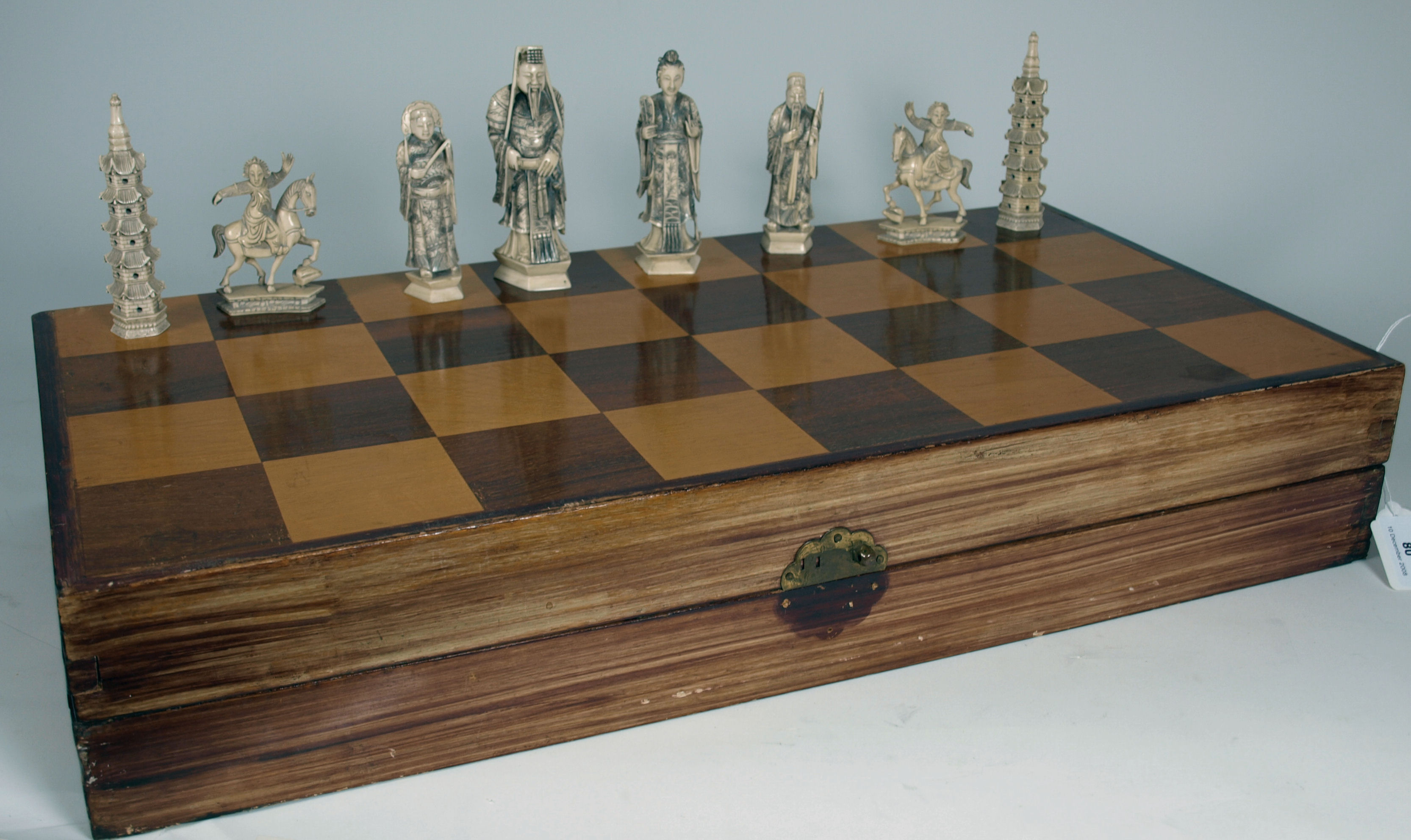 A Chinese export cased carved ivory chess set
