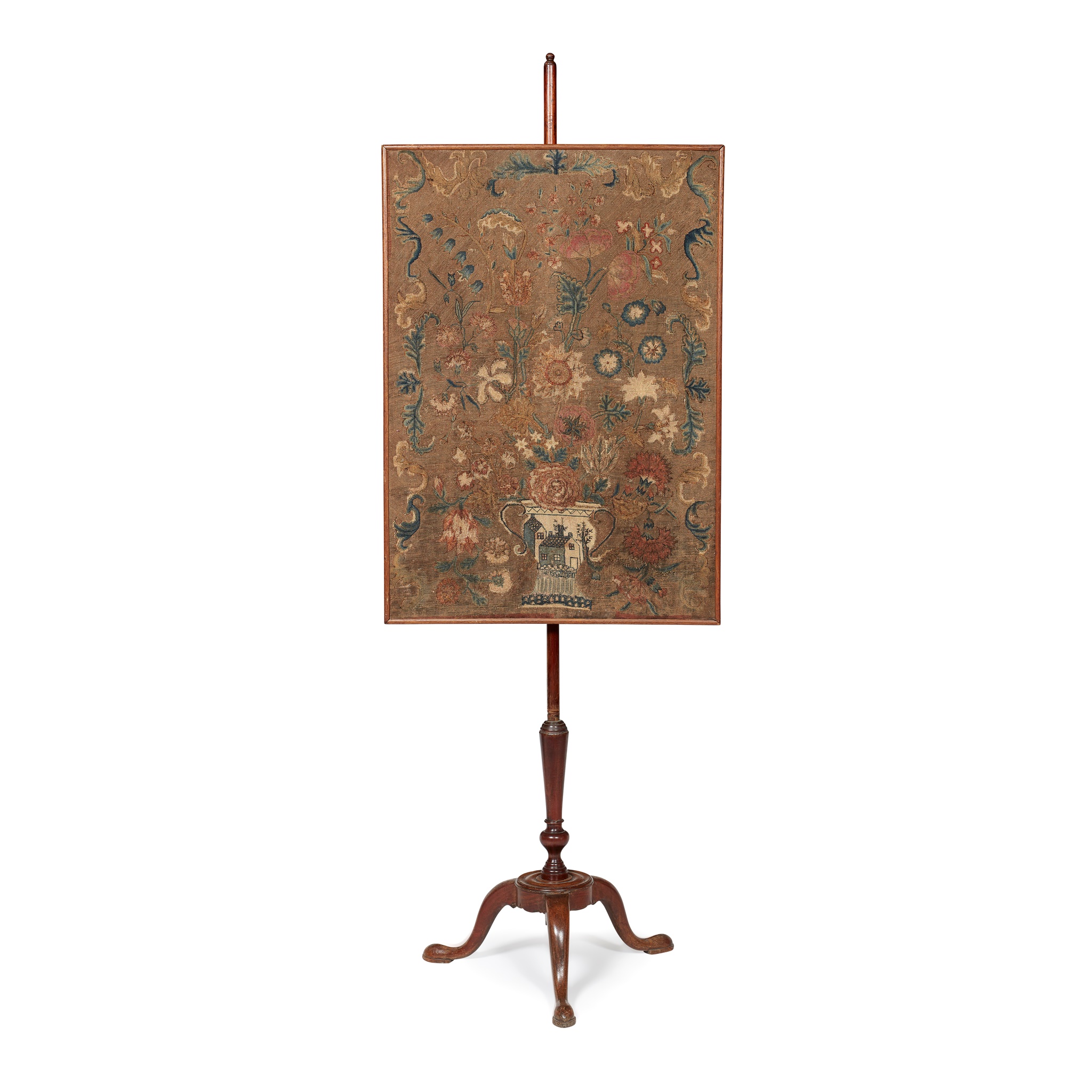 GEORGE III MAHOGANY AND NEEDLEWORK POLE SCREEN