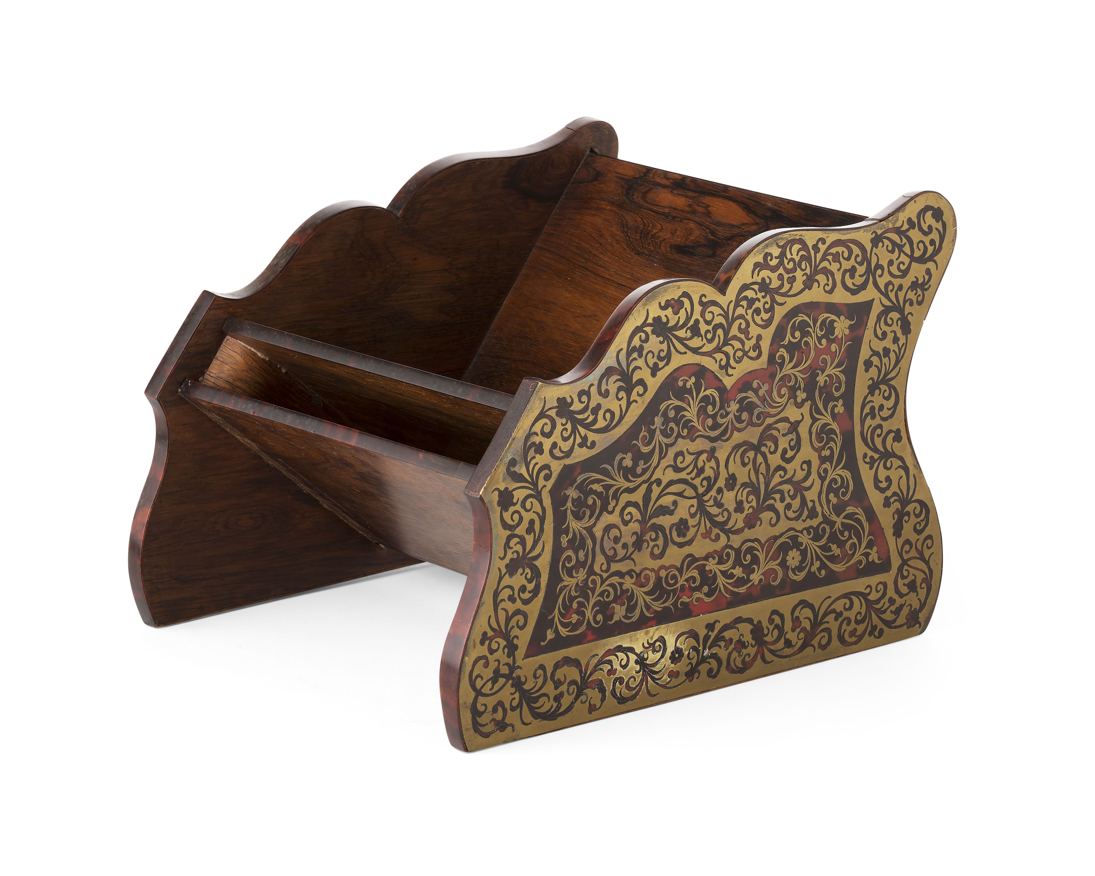 ENGLISH ROSEWOOD AND 'BOULLE' MARQUETRY TABLE TOP BOOK TROUGH