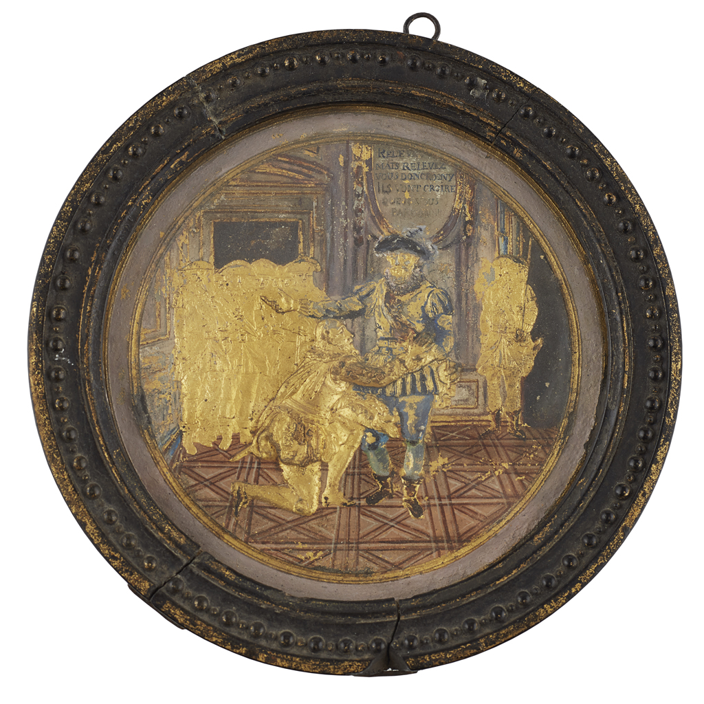 LOUIS XVI POLYCHROME PAINTED AND GILT PEWTER MEDALLION IN THE MANNER OF THOMAS COMPIGNE