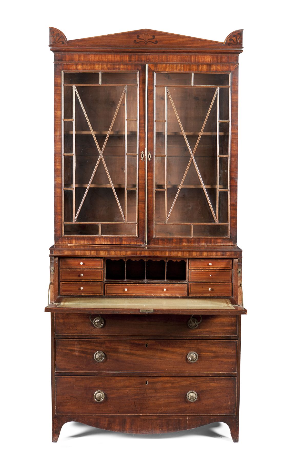 REGENCY MAHOGANY AND INLAY BUREAU BOOKCASE