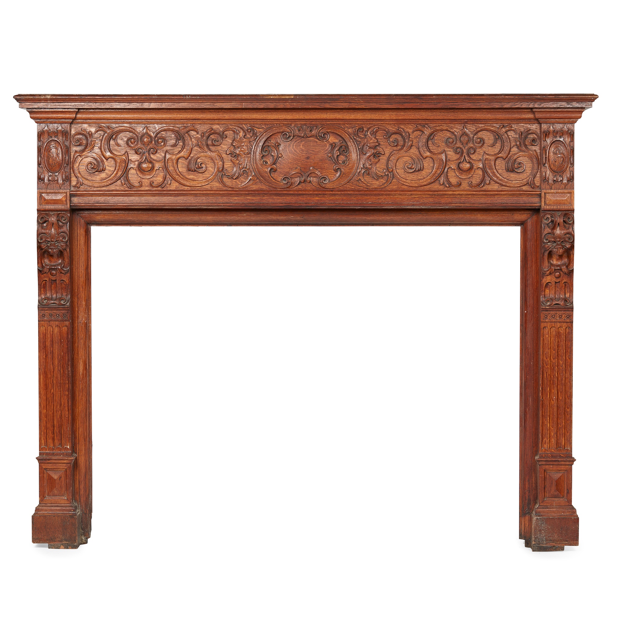 LARGE RENAISSANCE REVIVAL CARVED OAK FIRE SURROUND