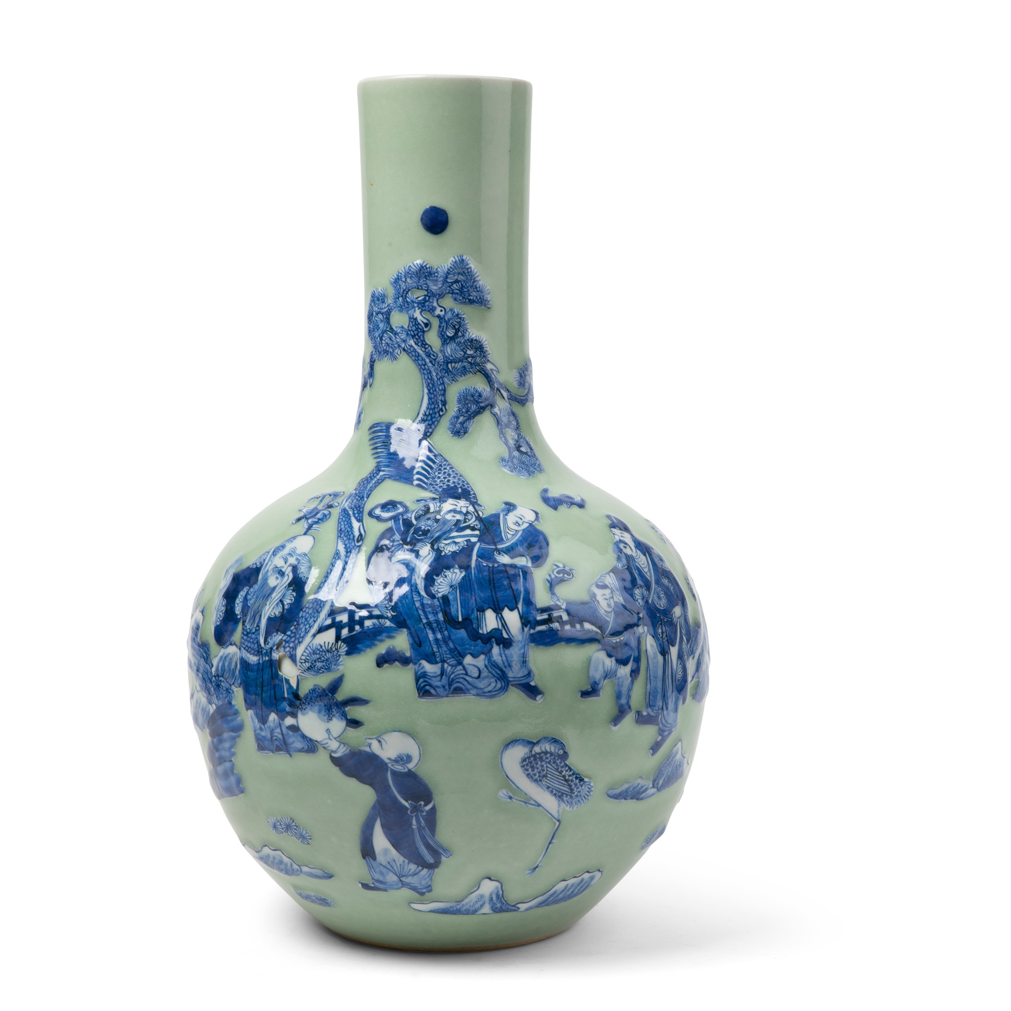 CELADON-GLAZED BLUE AND WHITE BOTTLE VASE