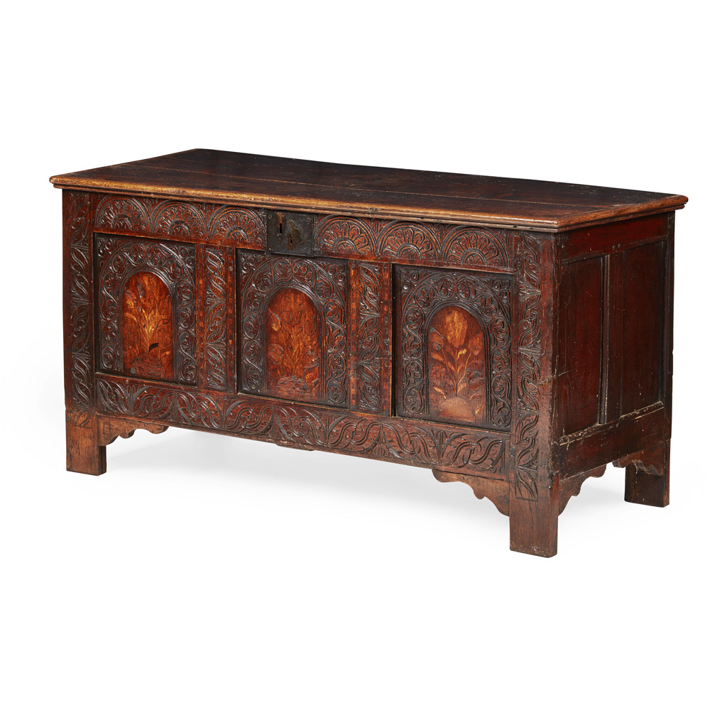 WILLIAM AND MARY CARVED OAK AND MARQUETRY CHEST