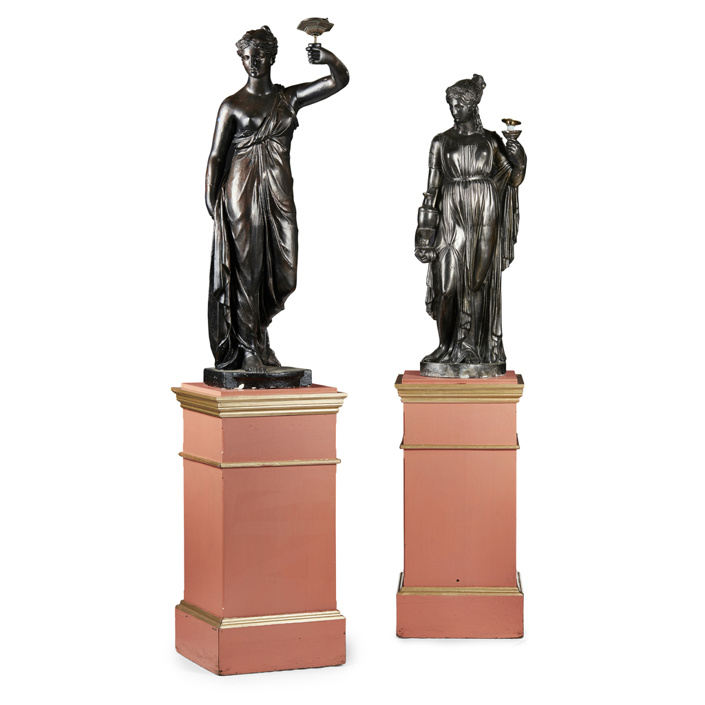 PAIR OF PAINTED PLASTER FIGURAL TORCHERES, IN THE MANNER OF HUMPHREY HOPPER