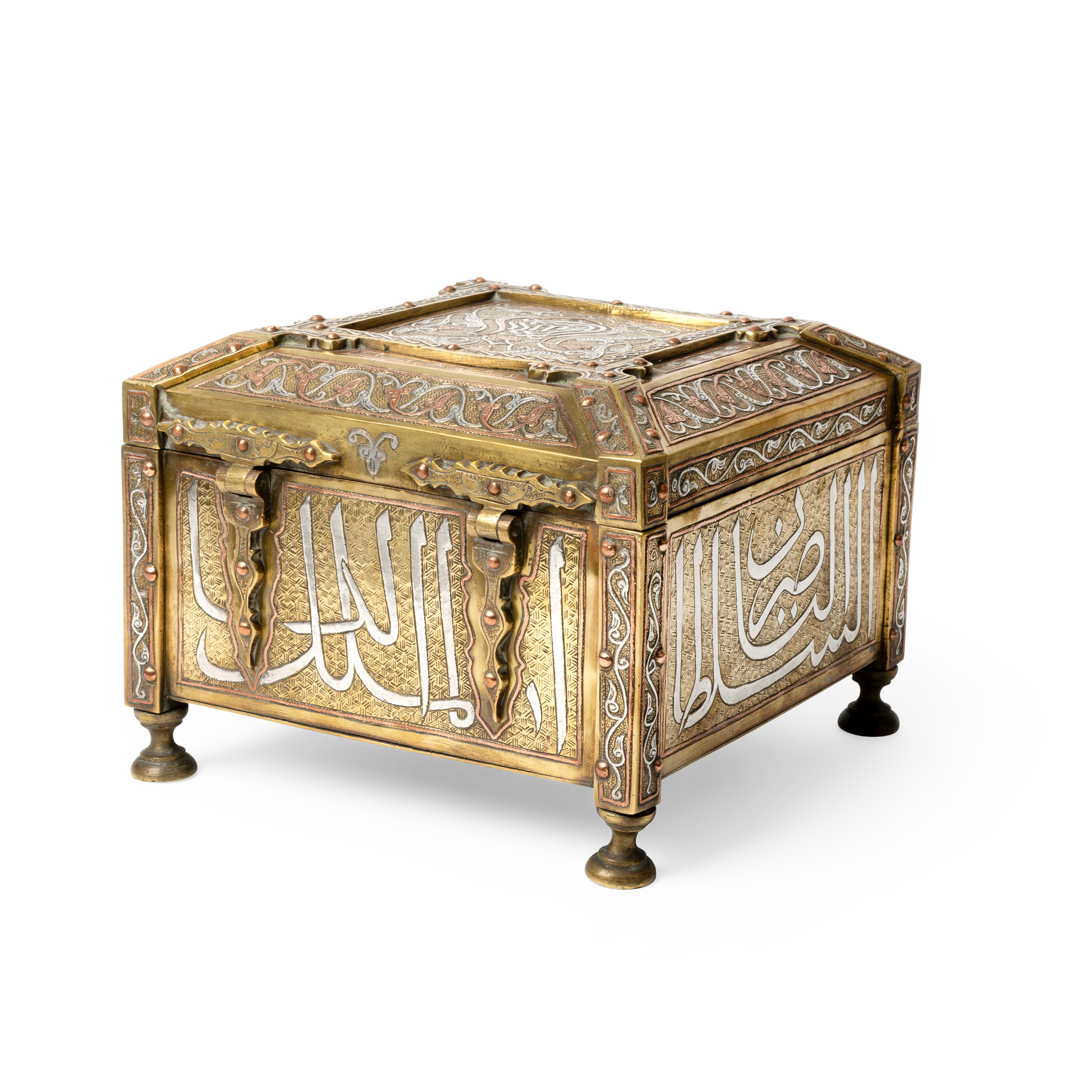 A MAMLUK REVIVAL SILVER AND COPPER INLAY BRASS CASKET WITH DEDICATIONS TO SULTAN AL-NASIR