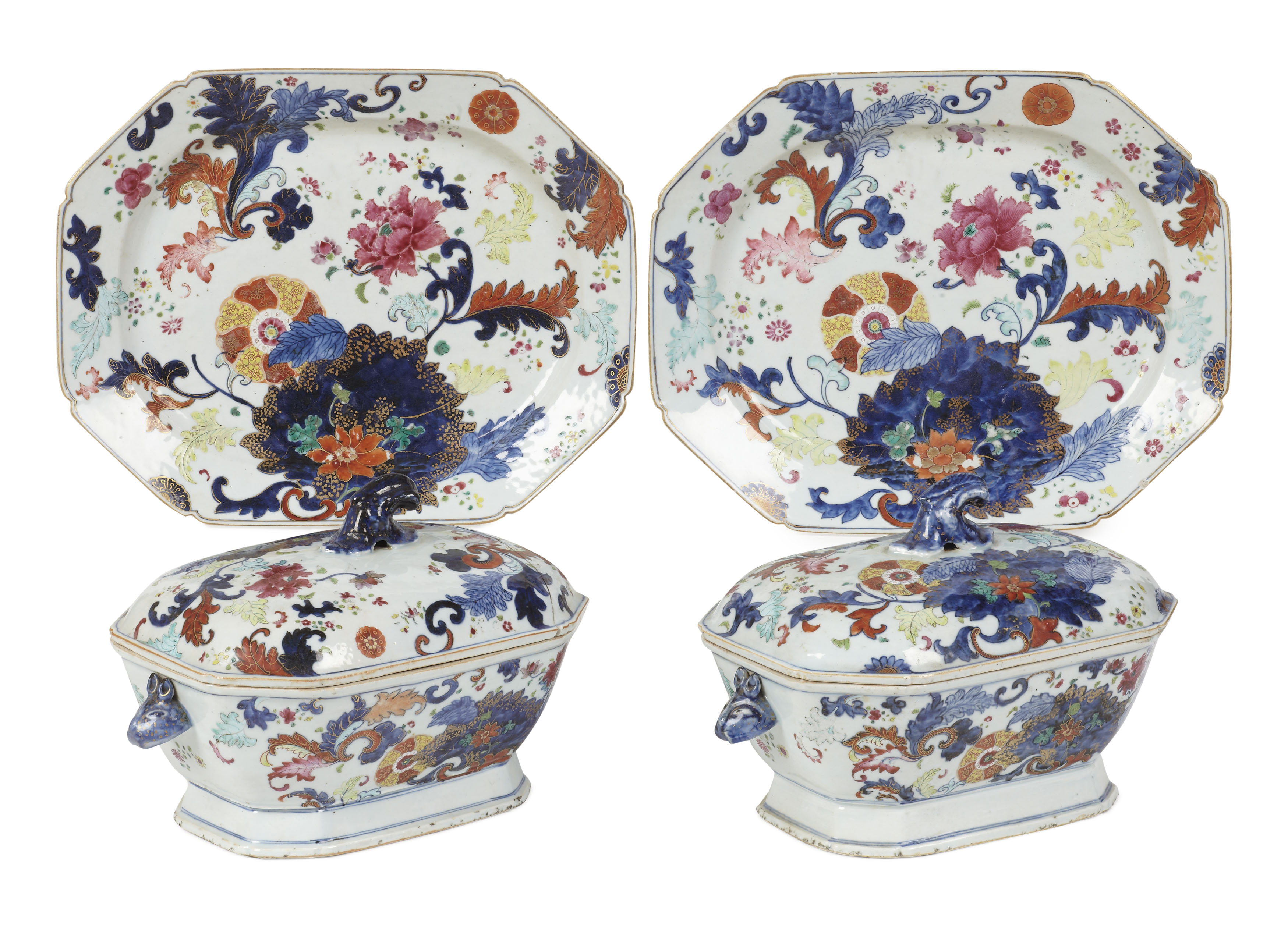 PAIR OF CHINESE EXPORT 'PSEUDO TOBACCO LEAF' TUREENS AND PLATTERS