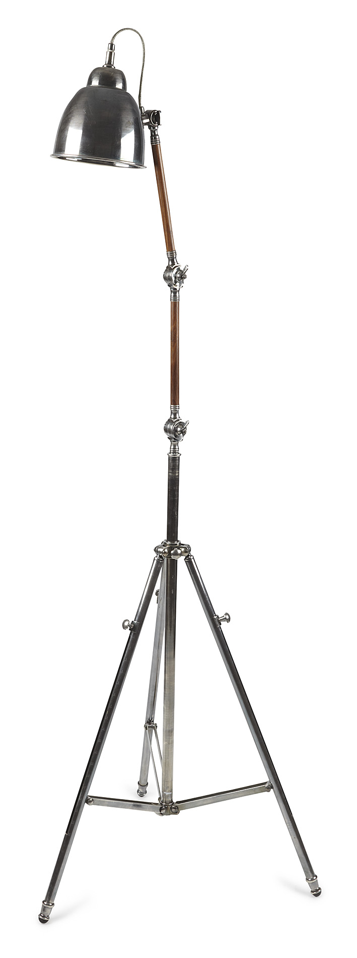 CHROME AND MAHOGANY ANGLE POISE STANDARD LAMP