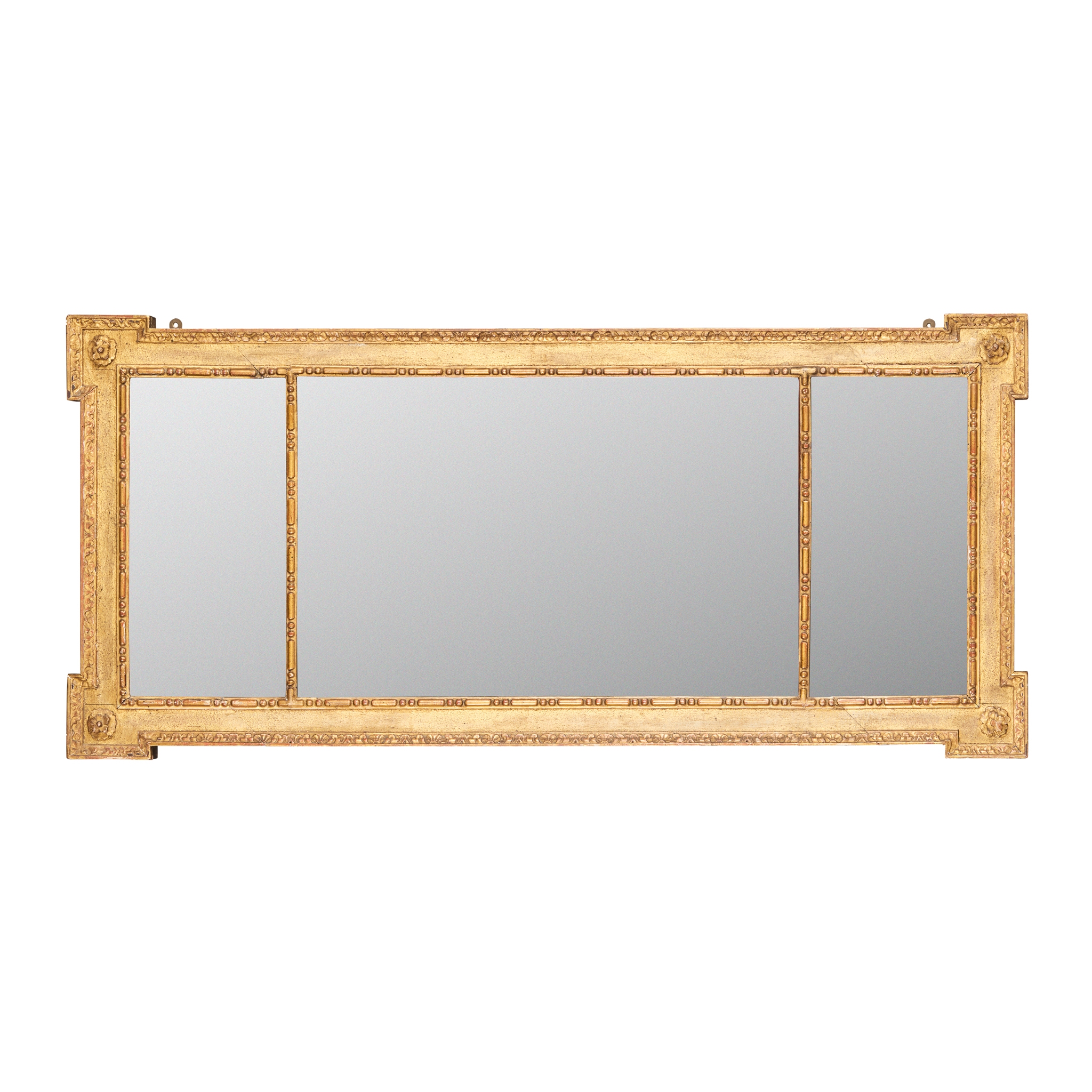 GEORGIAN STYLE GILTWOOD TRIPTYCH OVERMANTEL MIRROR, IN THE MANNER OF WILLIAM KENT