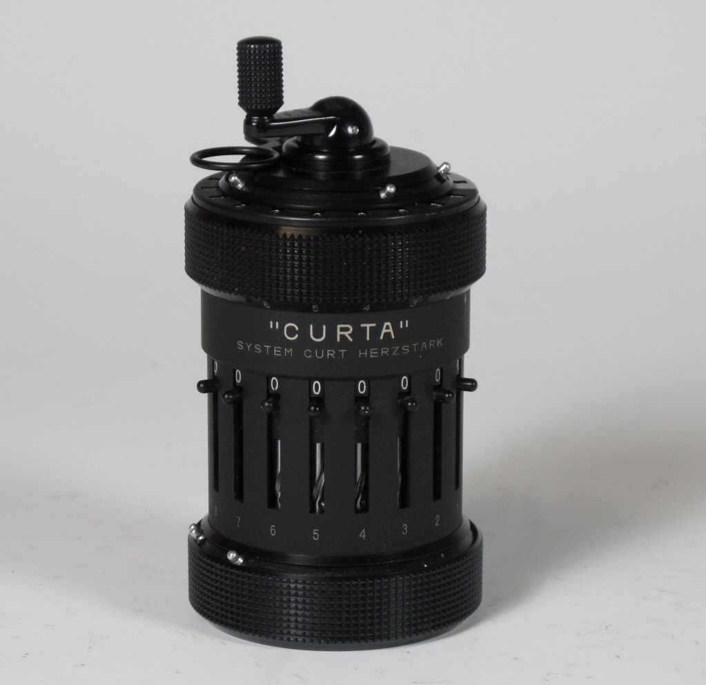 A cased Curta calculator
