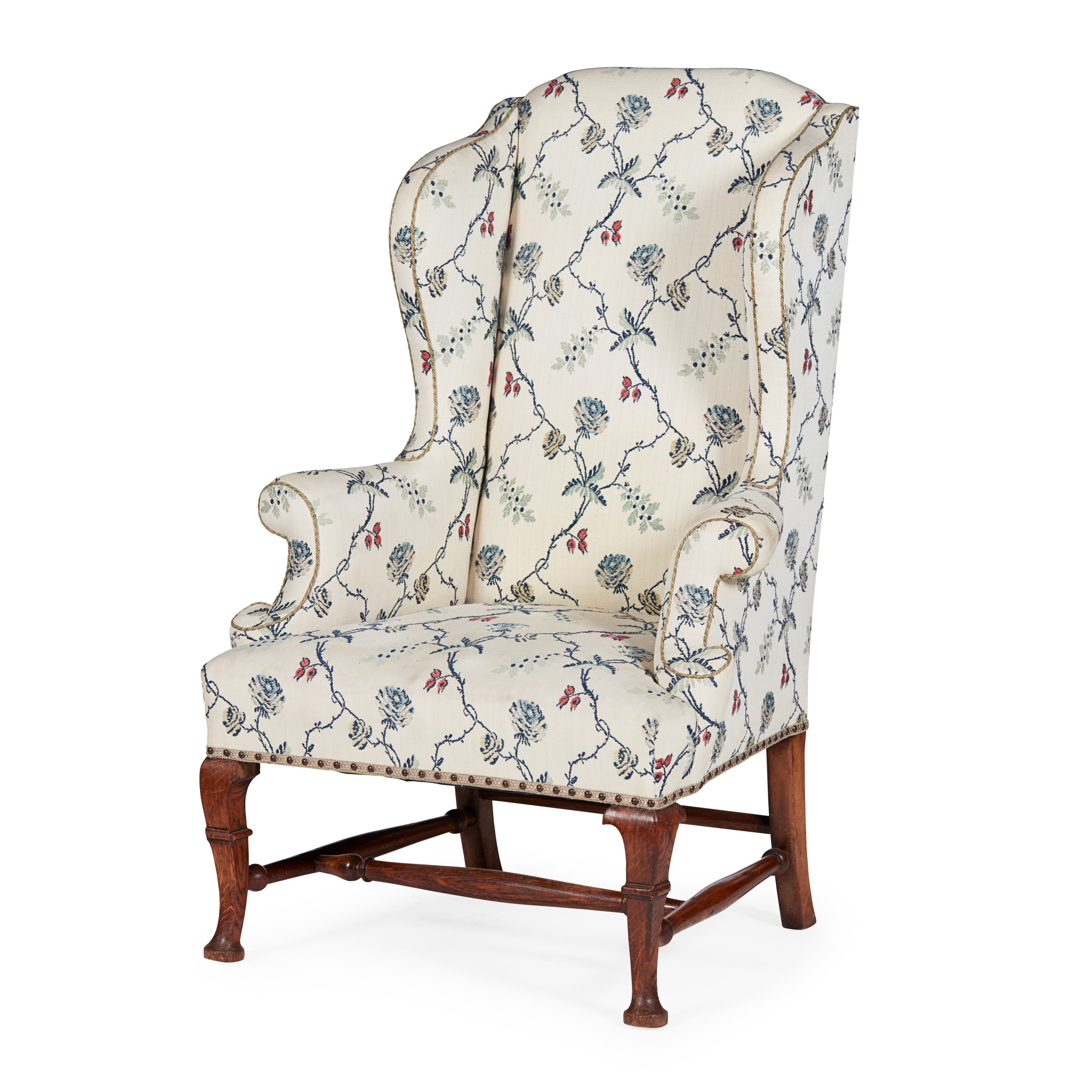 QUEEN ANNE STYLE OAK FRAMED WING ARMCHAIR