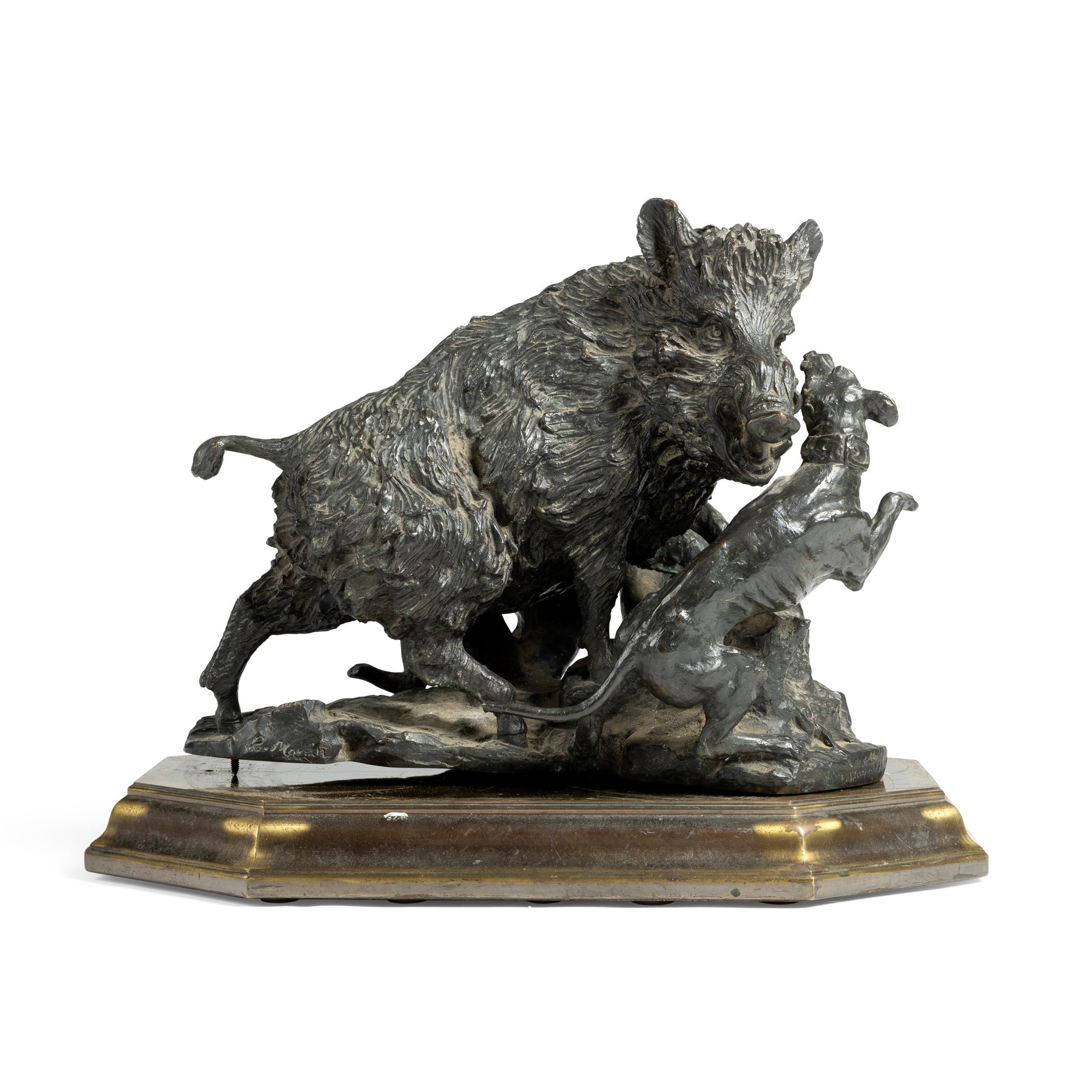 A BRONZE FIGURE GROUP OF A WILD BOAR AND HOUNDS