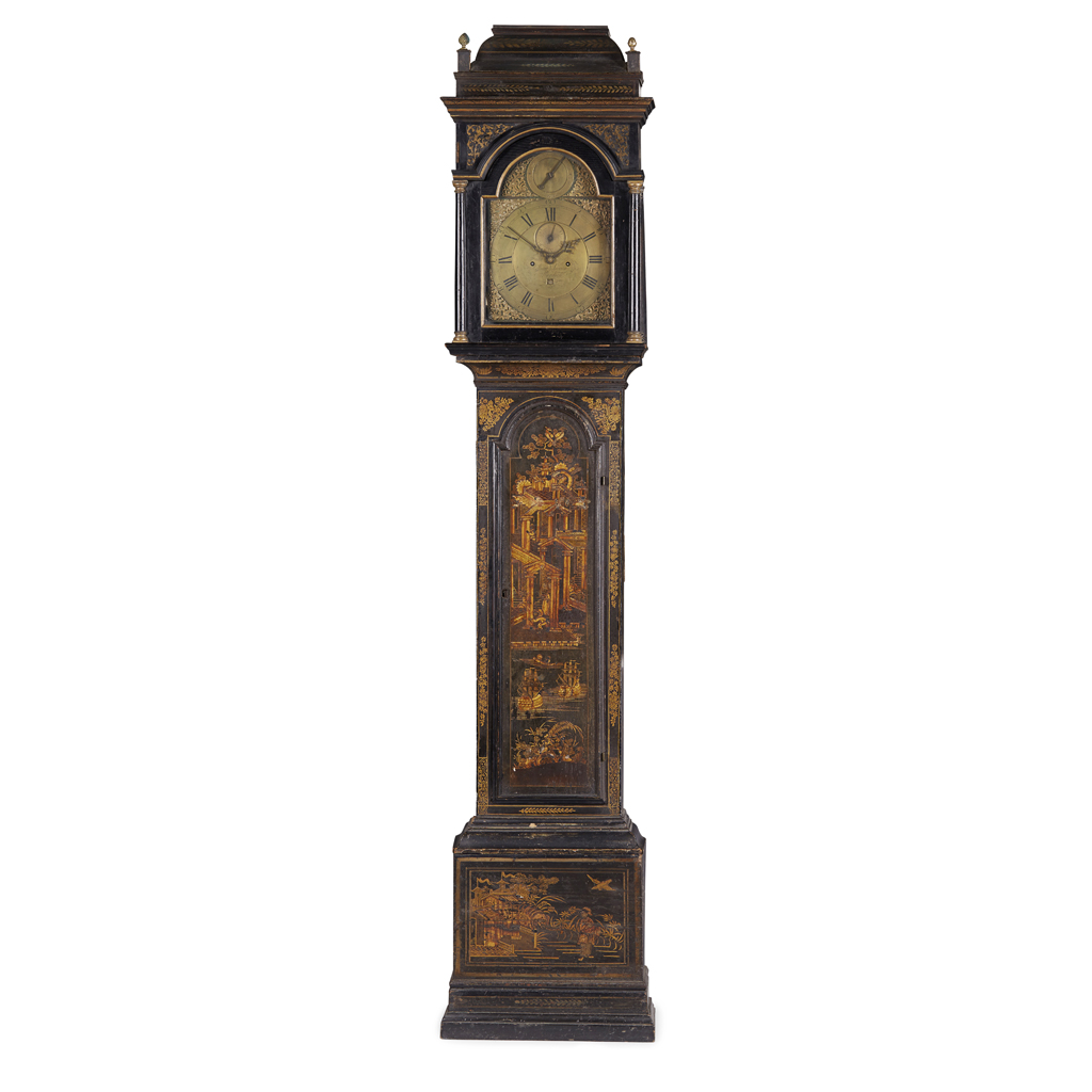 GEORGE I BLACK JAPANNED LONGCASE CLOCK
