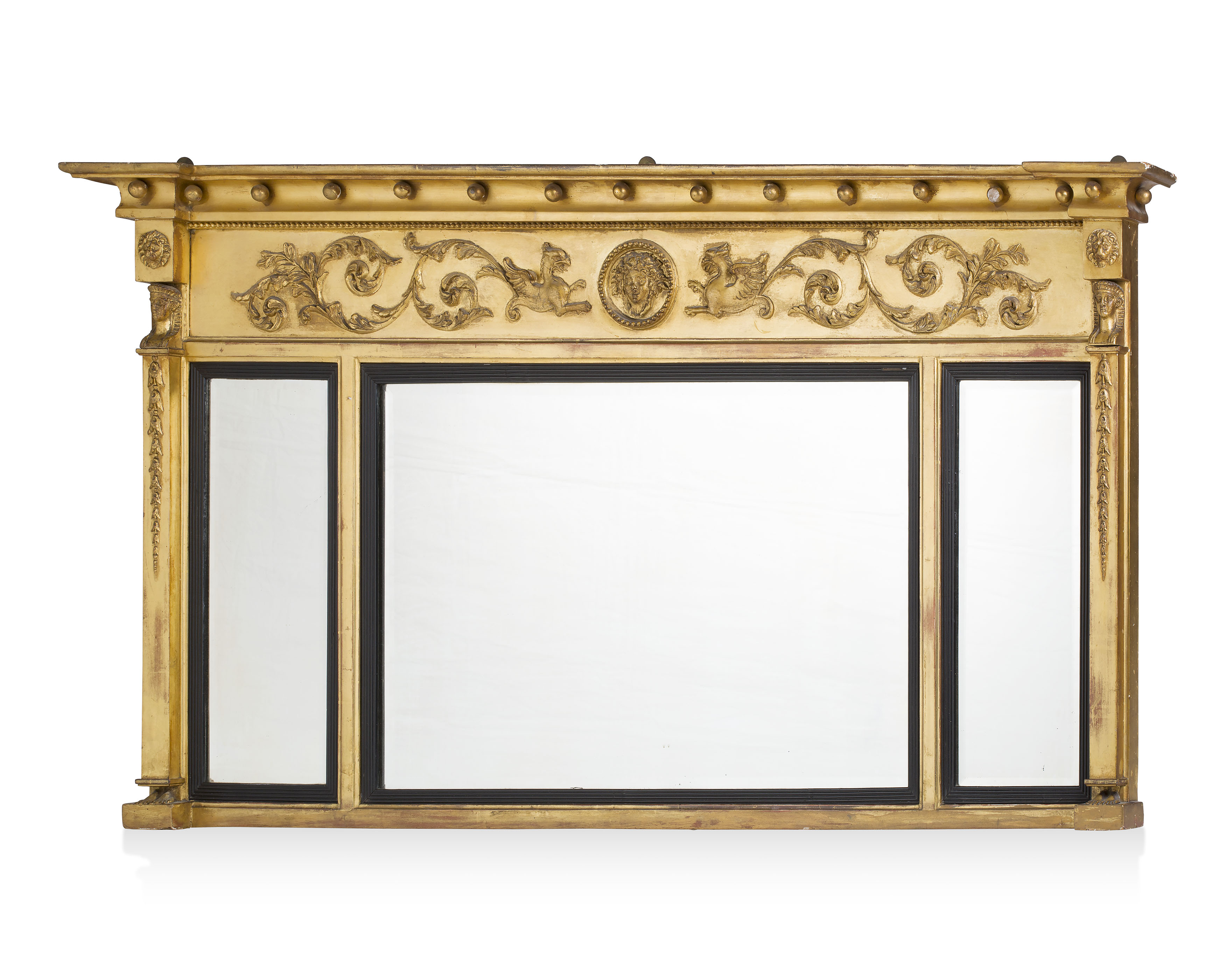 LATE REGENCY GILT AND GESSO TRIPLE OVERMANTLE MIRROR