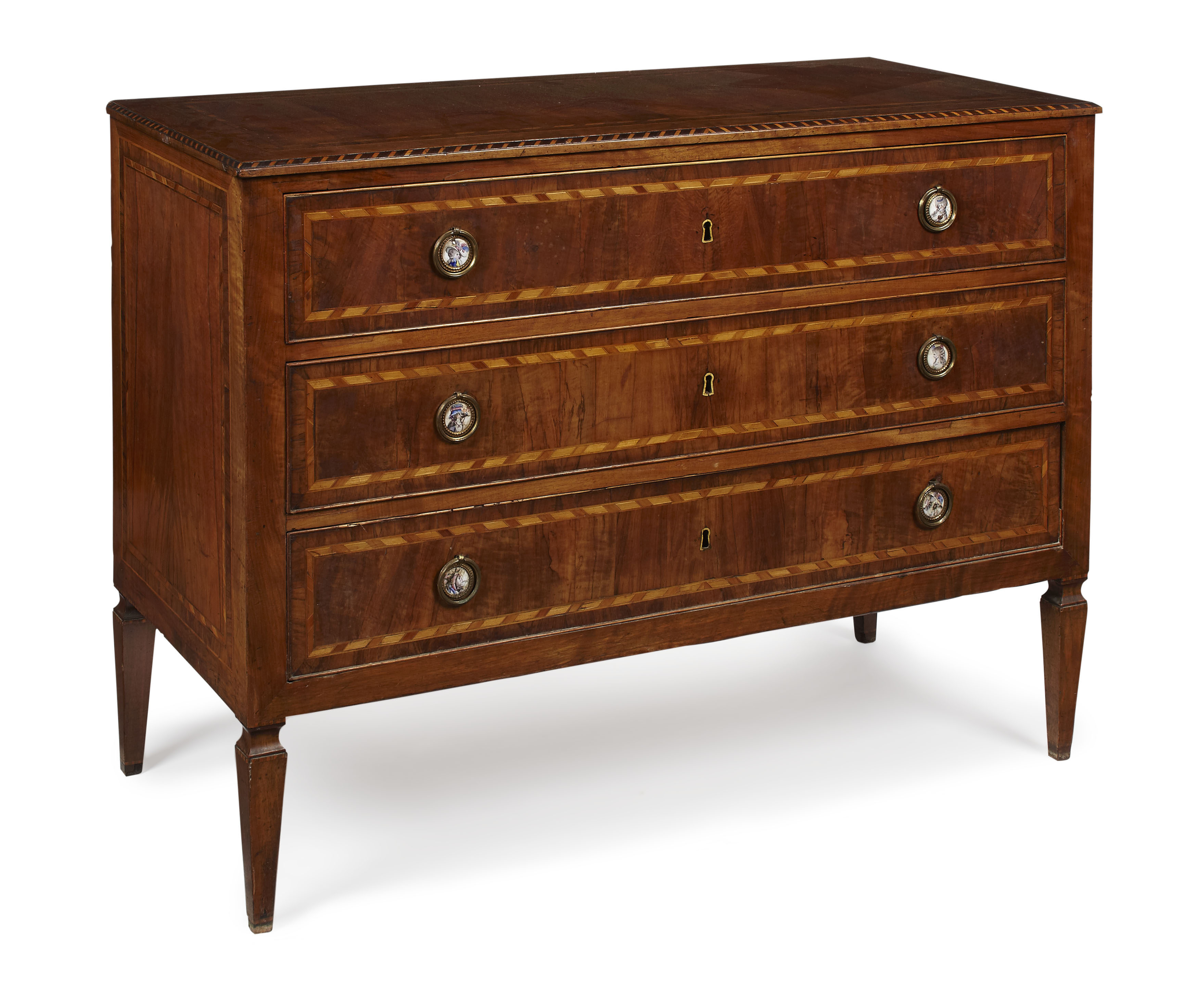 ITALIAN NEOCLASSICAL WALNUT AND FRUITWOOD INLAY COMMODE