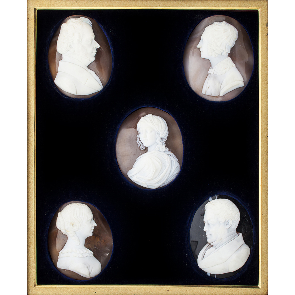 A cased set of five 19th century shell cameos