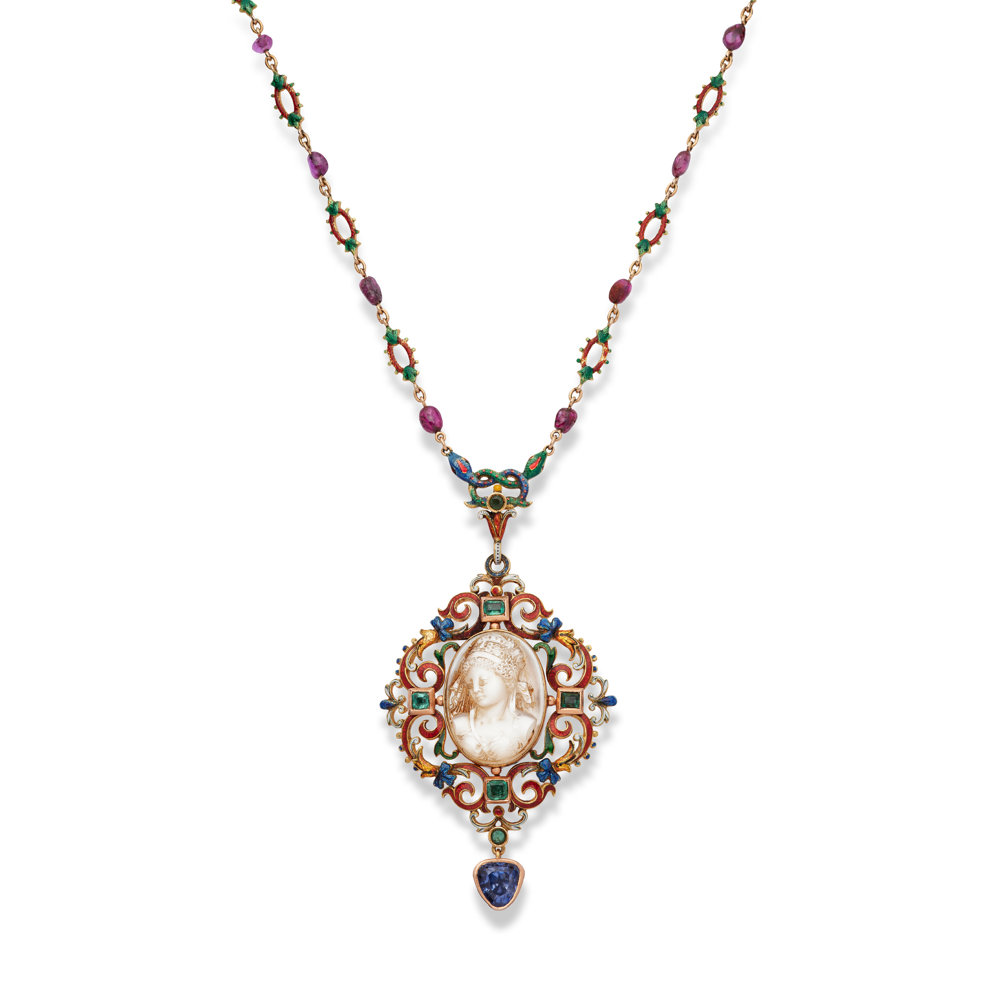 A multi gem-set and enamel pendent necklace, circa 1905