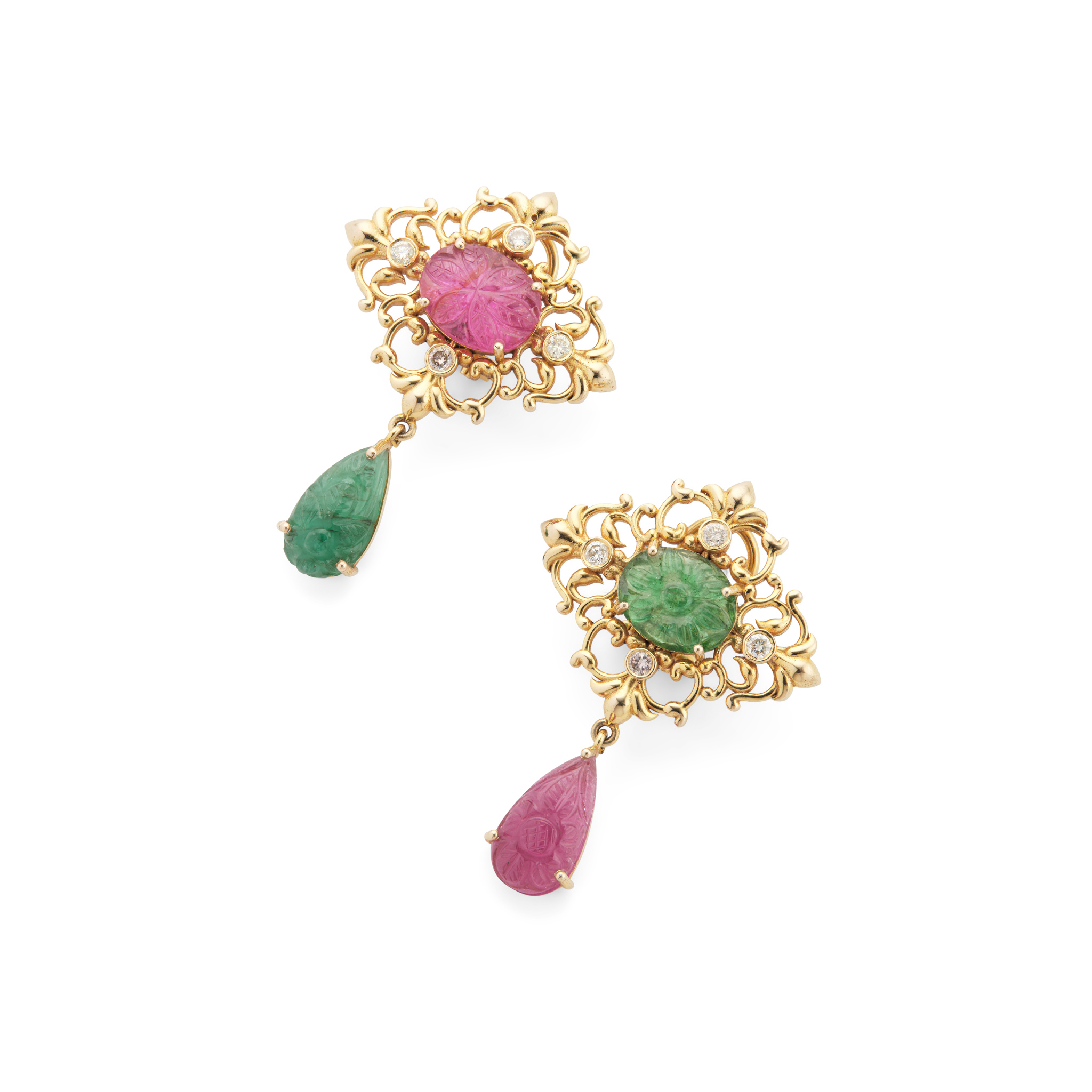 A pair of carved emerald, pink tourmaline and diamond pendent earrings