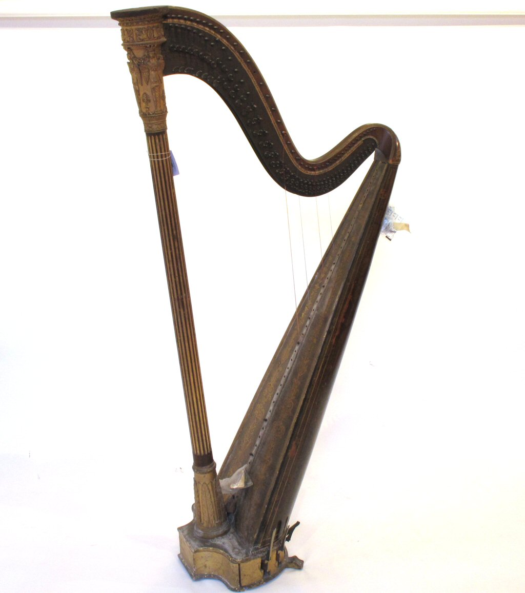 A late Georgian gilt and penwork double action harp by Wood, Small & Co., Edinburgh
