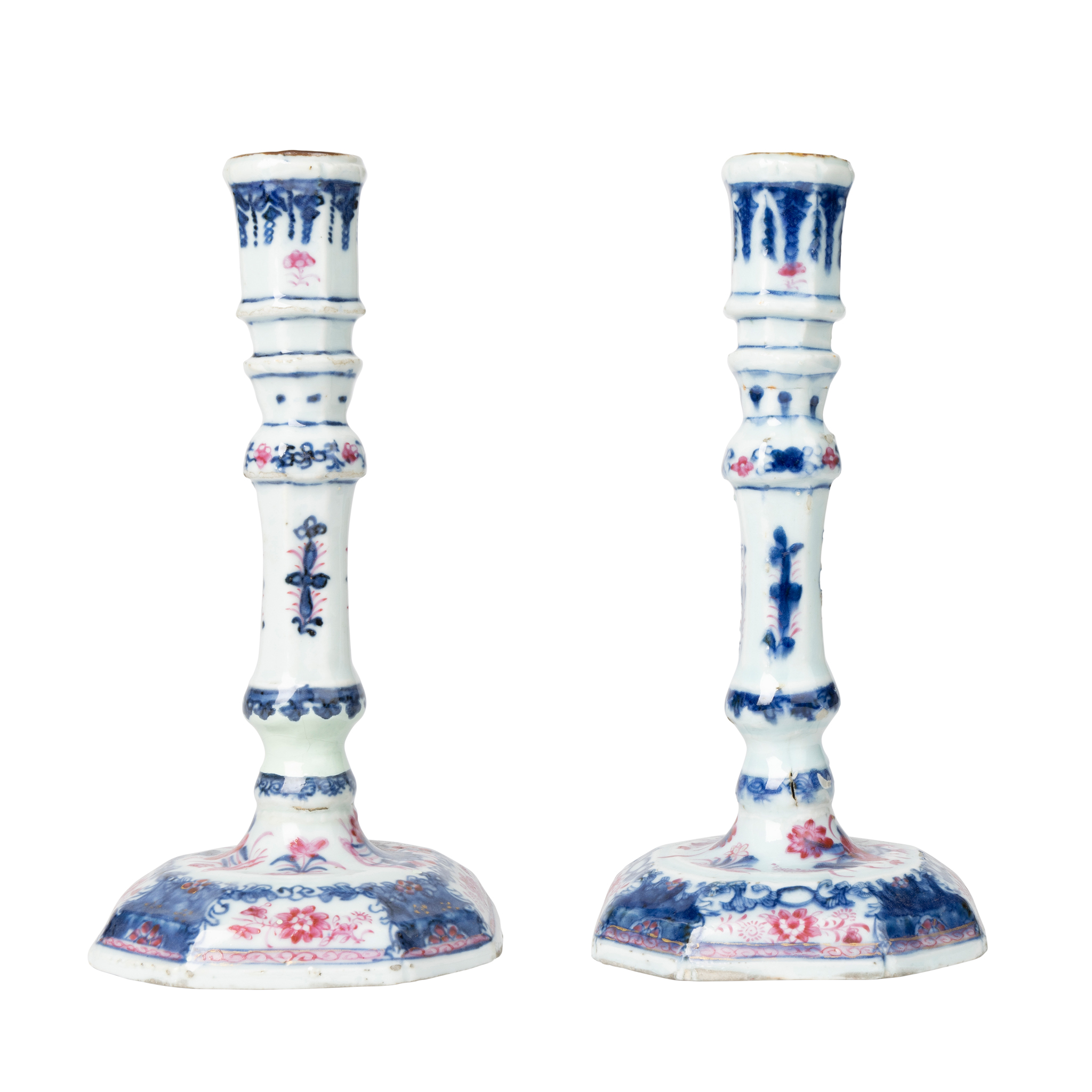 PAIR OF CHINESE UNDERGLAZE BLUE AND PUCE-ENAMELLED CANDLESTICKS