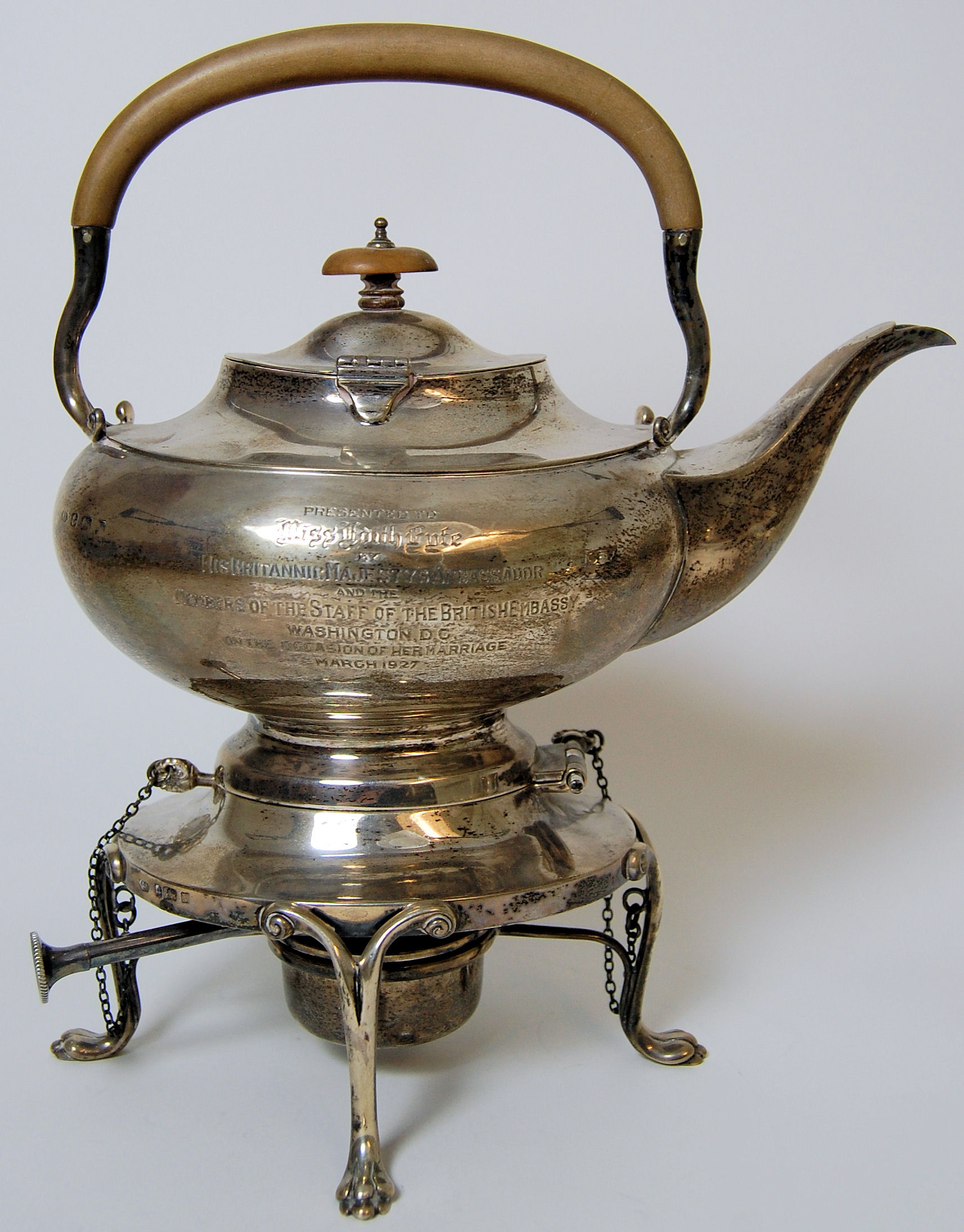 A spirit kettle, stand and burner