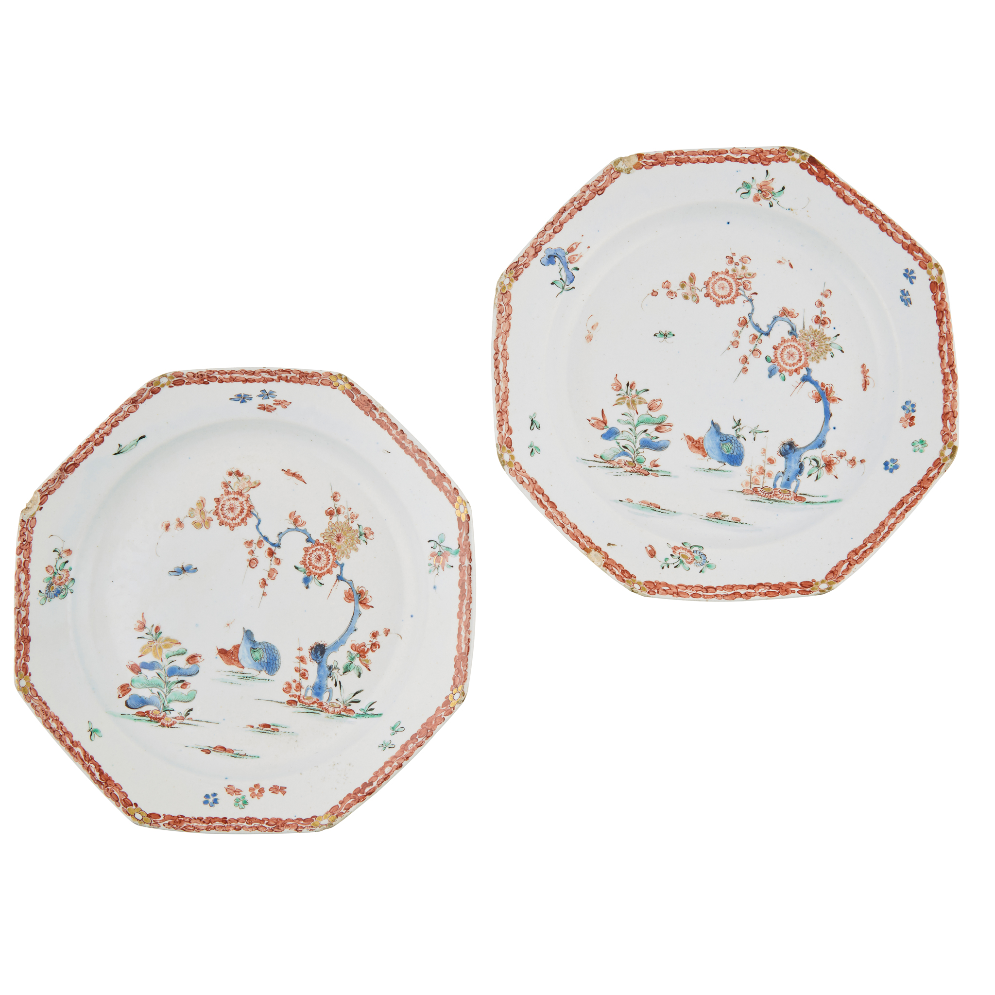 PAIR OF BOW 'QUAIL' PATTERN OCTAGONAL PLATES