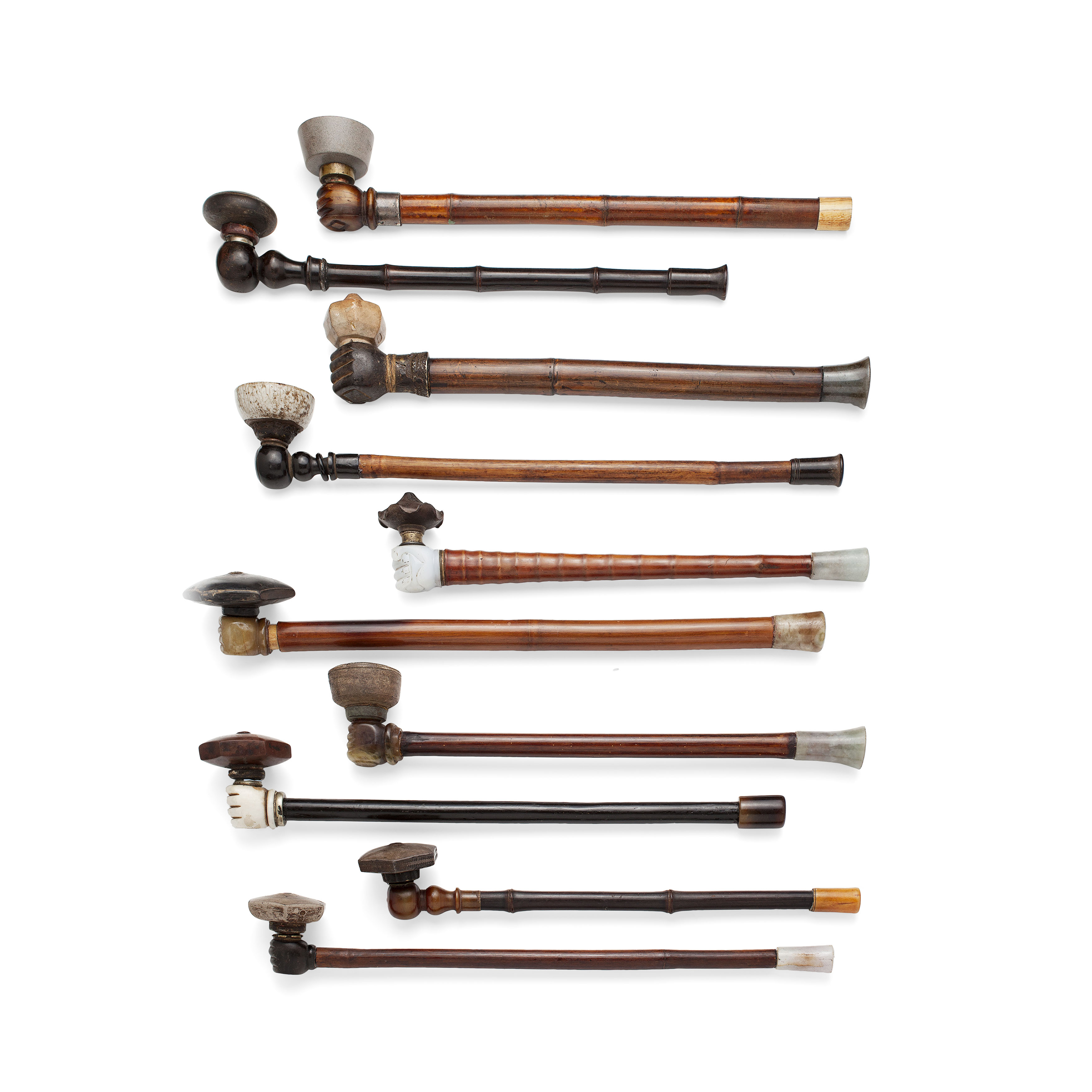 TEN CHINESE OPIUM PIPES AND BOWLS