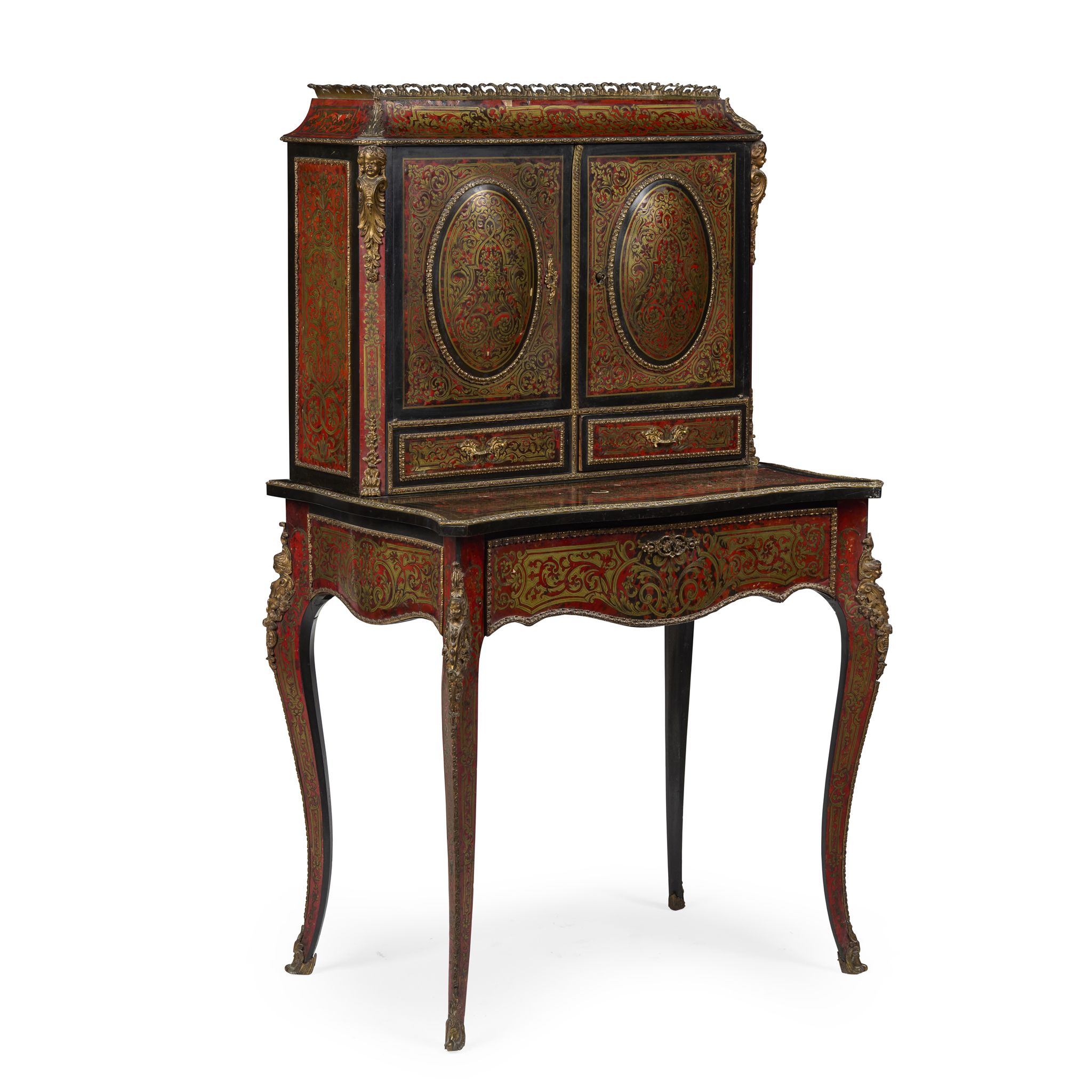 FRENCH RED TORTOISESHELL AND EBONISED BOULLE MARQUETRY BONHEUR DE JOUR
