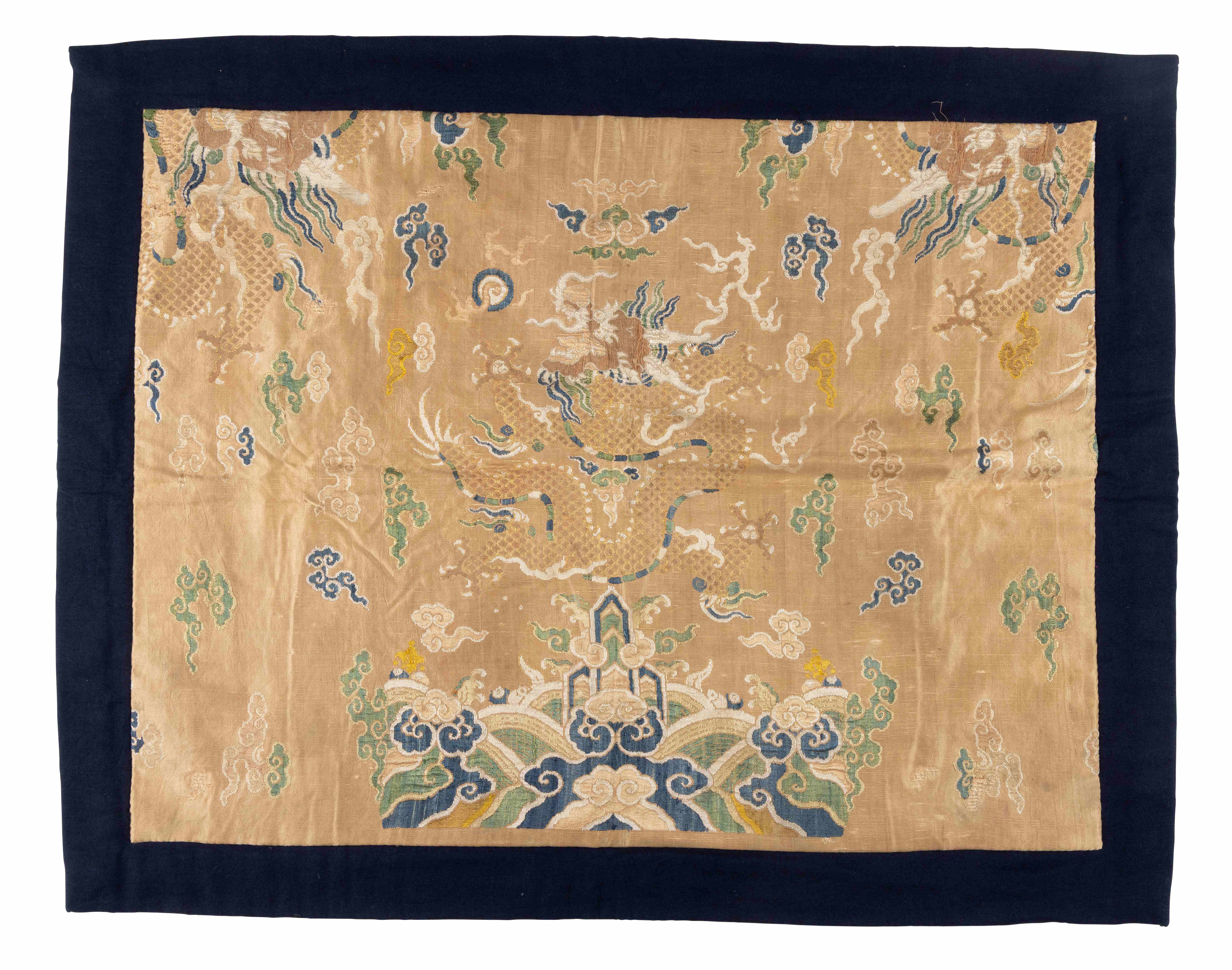 CHINESE APPRICOTE-GROUND SILK EMBRODERED 'DRAGON' PANEL
