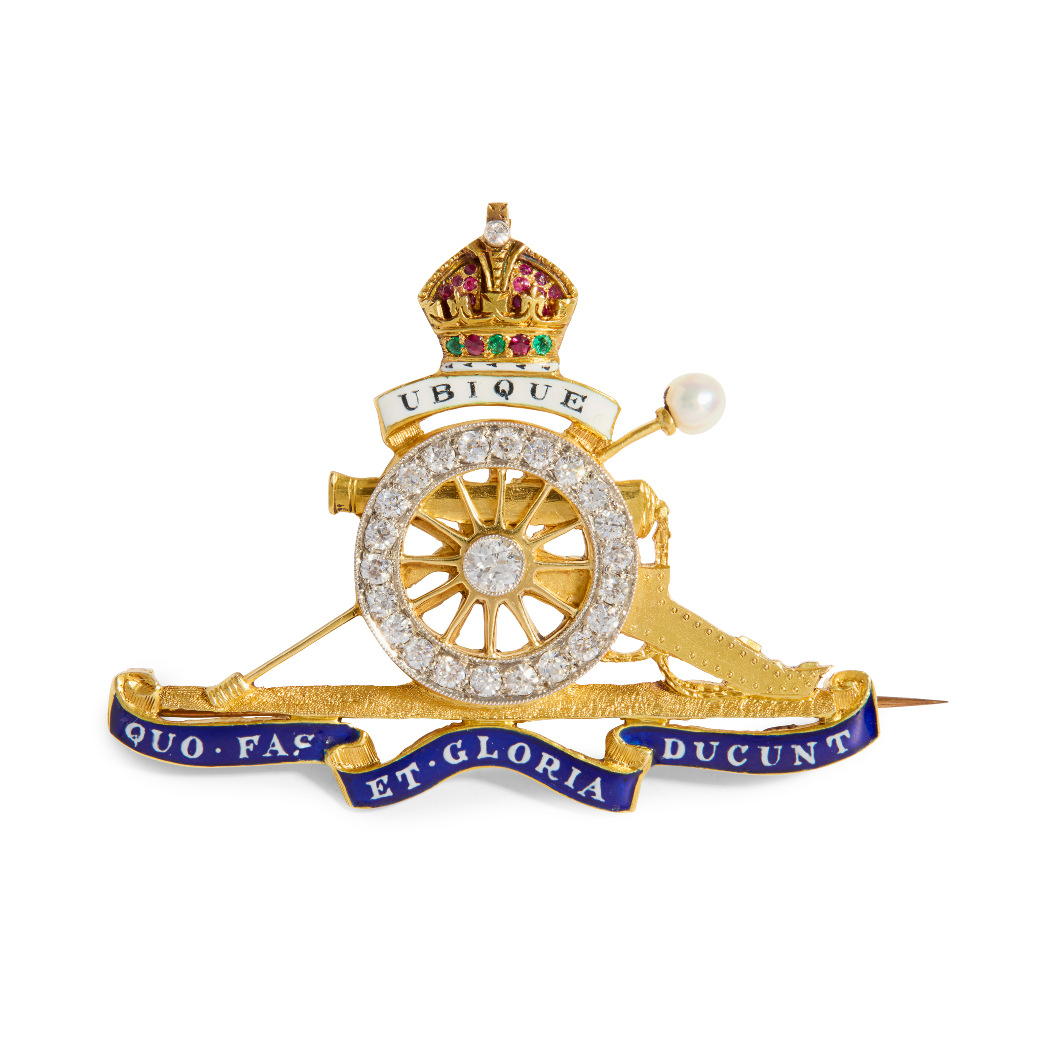 A diamond and multi-gem set Royal Artillery sweetheart brooch