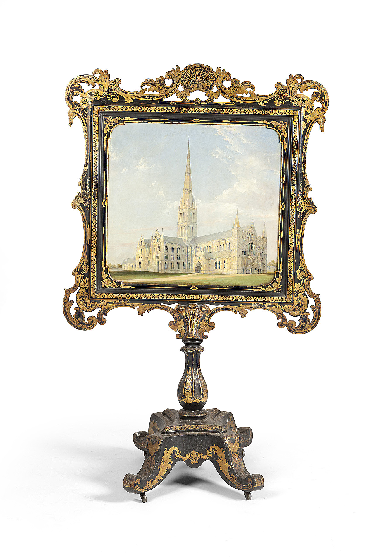 MID-VICTORIAN BLACK AND GILT PAPIER-MÂCHÉ FIRESCREEN