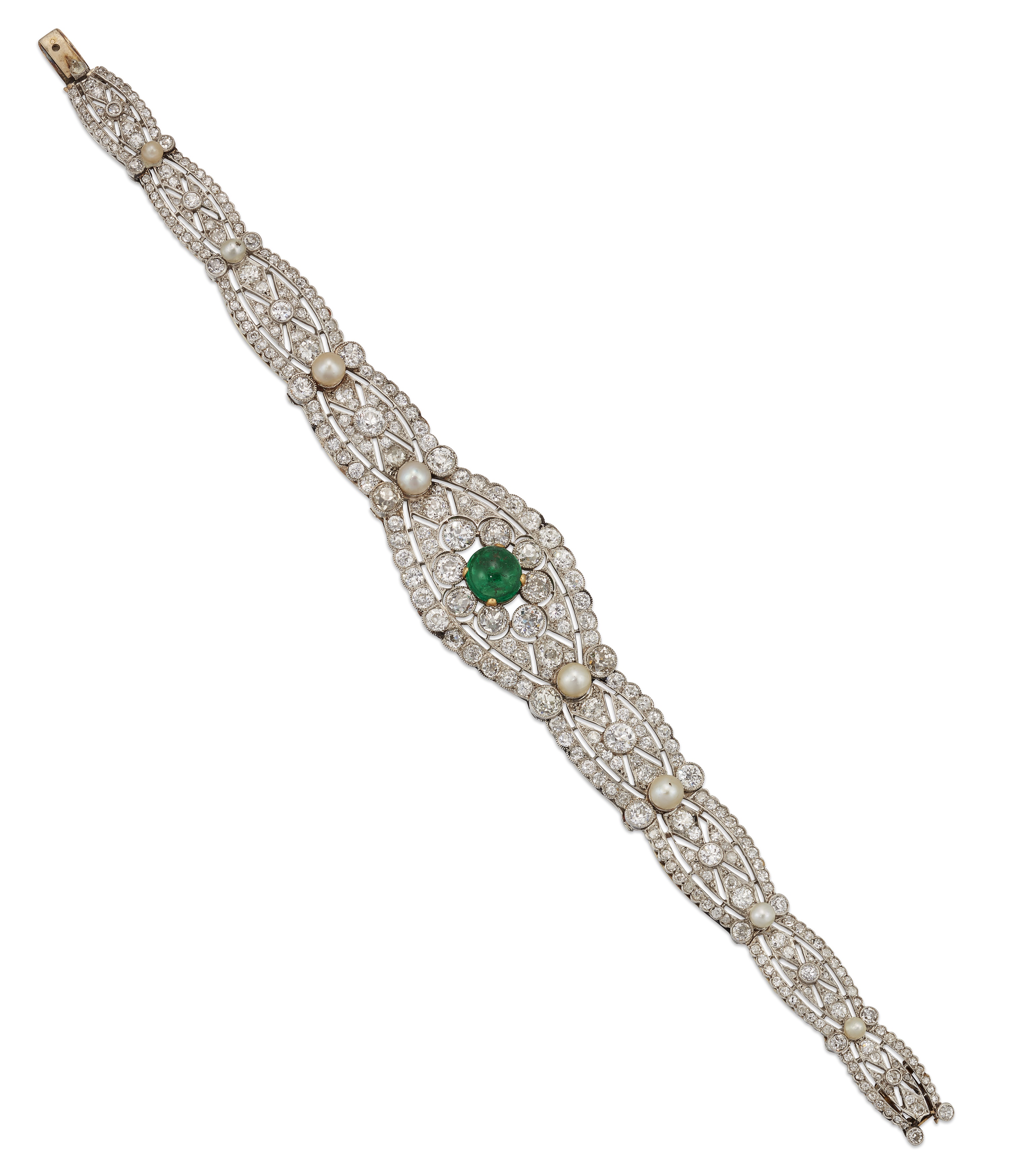 An Art Deco emerald, diamond and pearl bracelet, circa 1925
