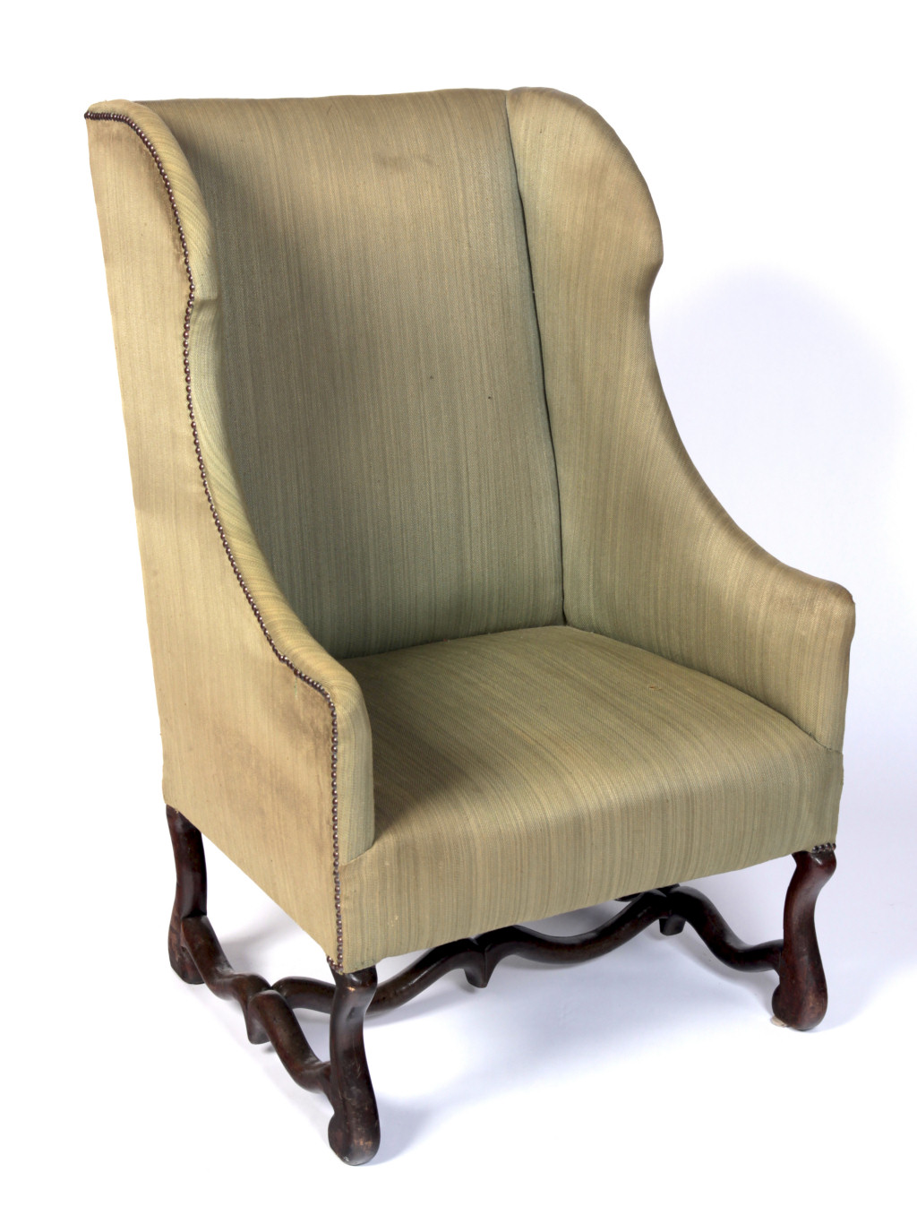 WALNUT AND UPHOLSTERED WING ARMCHAIR
