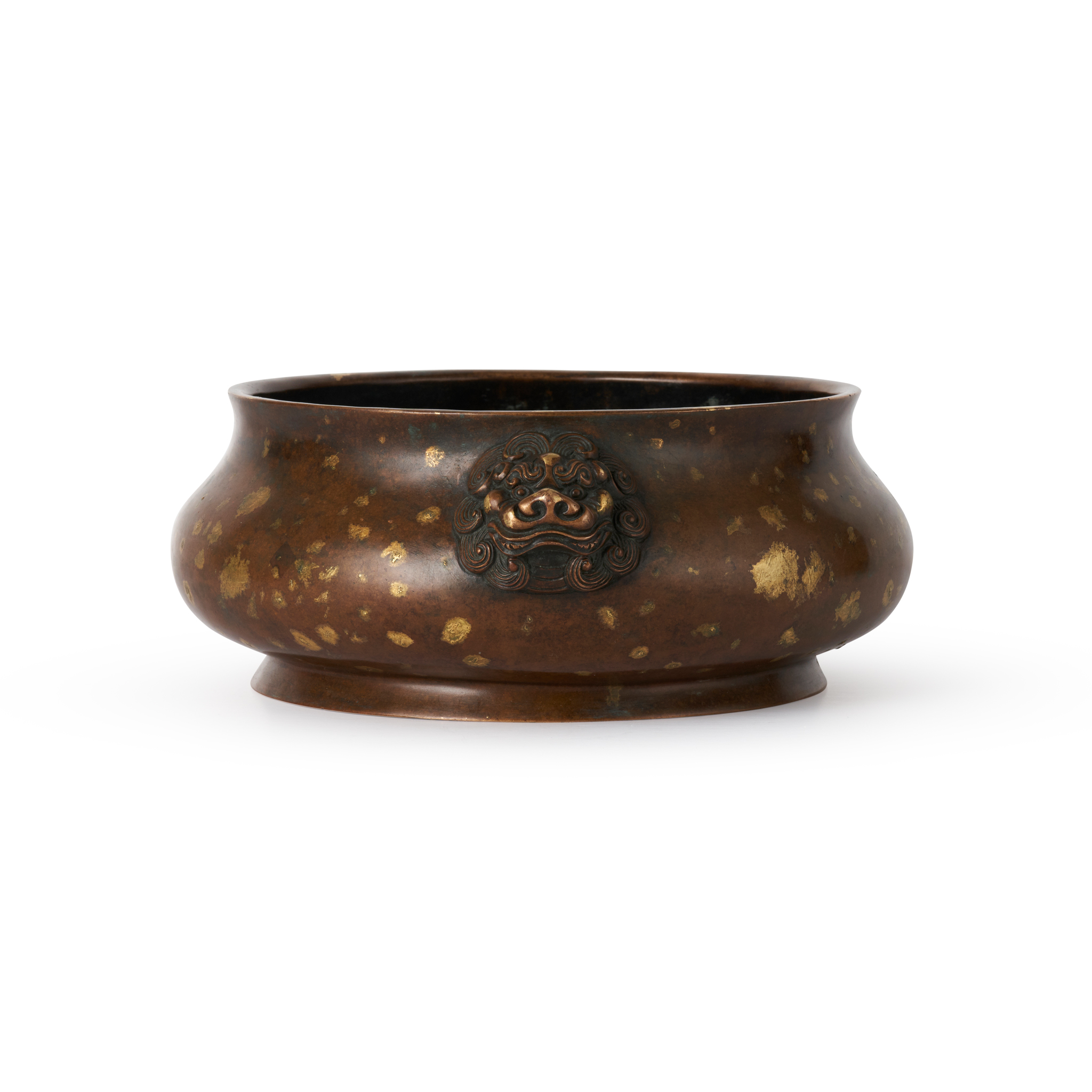 GOLD-SPLASHED 'LION-HEAD' BRONZE CENSER