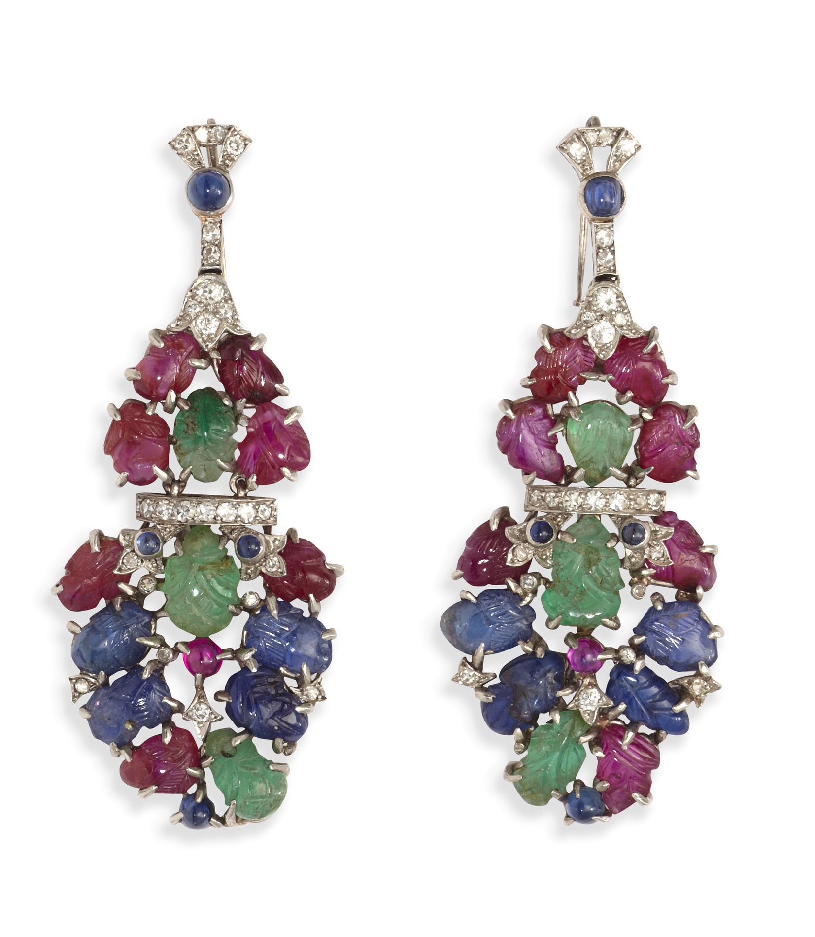 An early 20th century pair of 'Tutti-Frutti' earrings