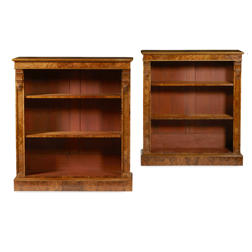 PAIR OF EARLY VICTORIAN WALNUT OPEN BOOKCASES