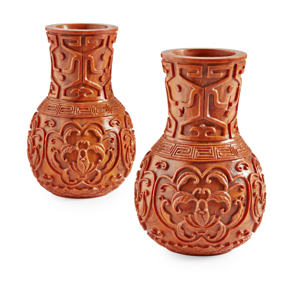 PAIR OF VERMILLION GLASS BOTTLE-FORM VASES