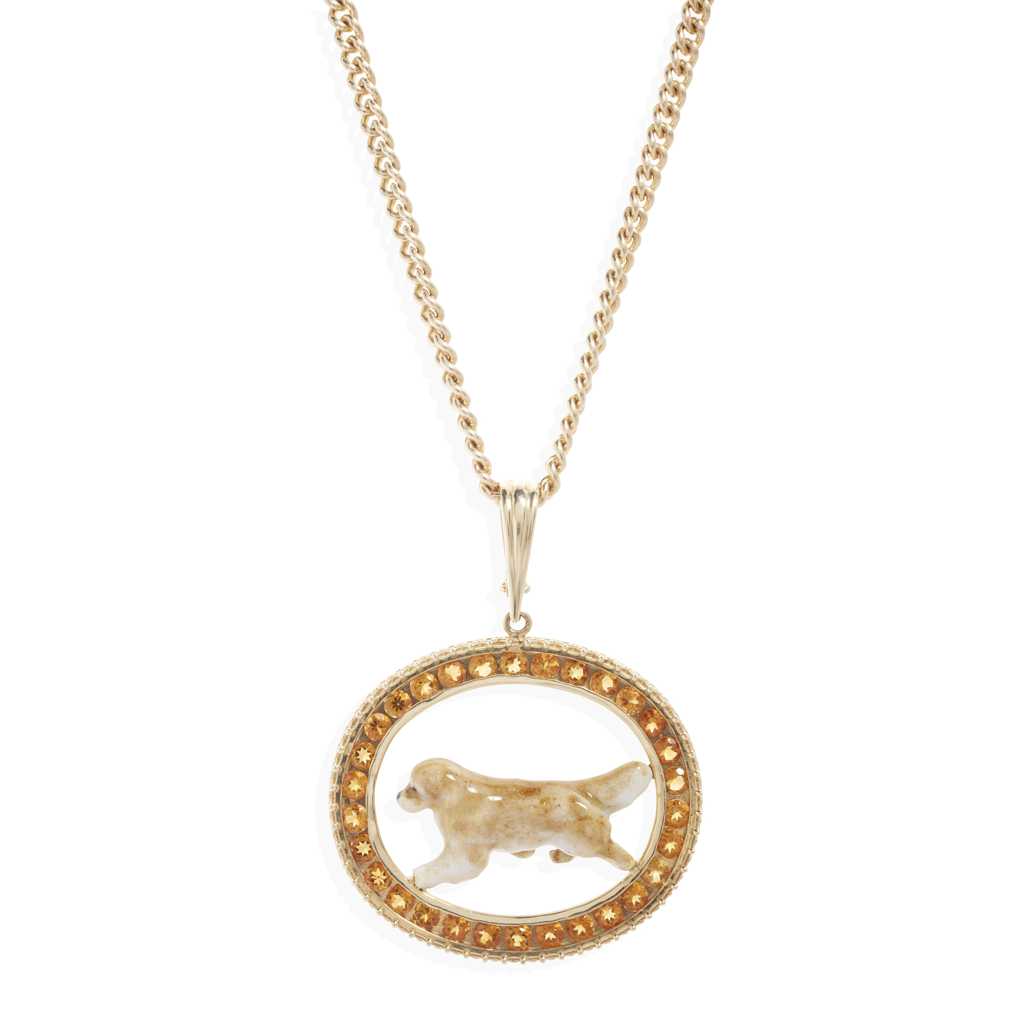 A citrine and enamel 'Golden Retriever' pendant