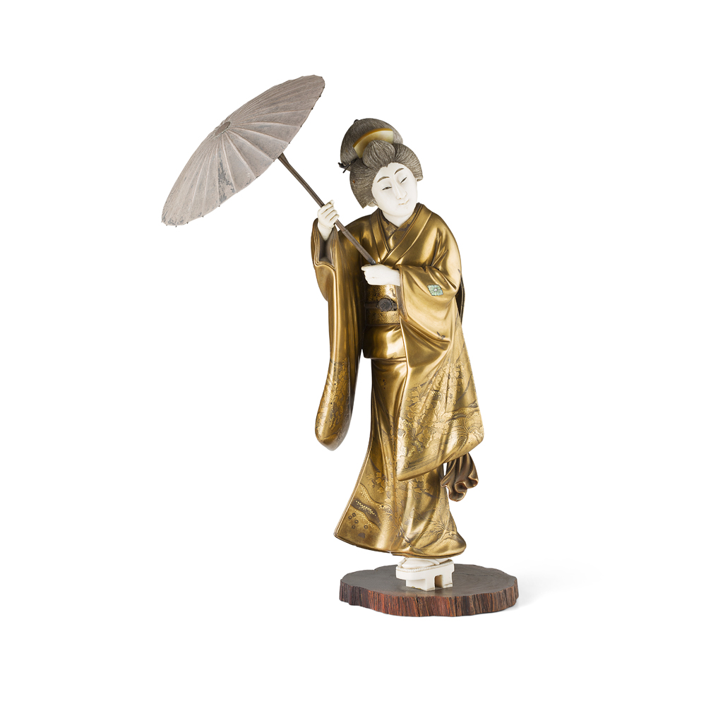 FINE IVORY AND GOLD-LACQUER FIGURE OF A GEISHA