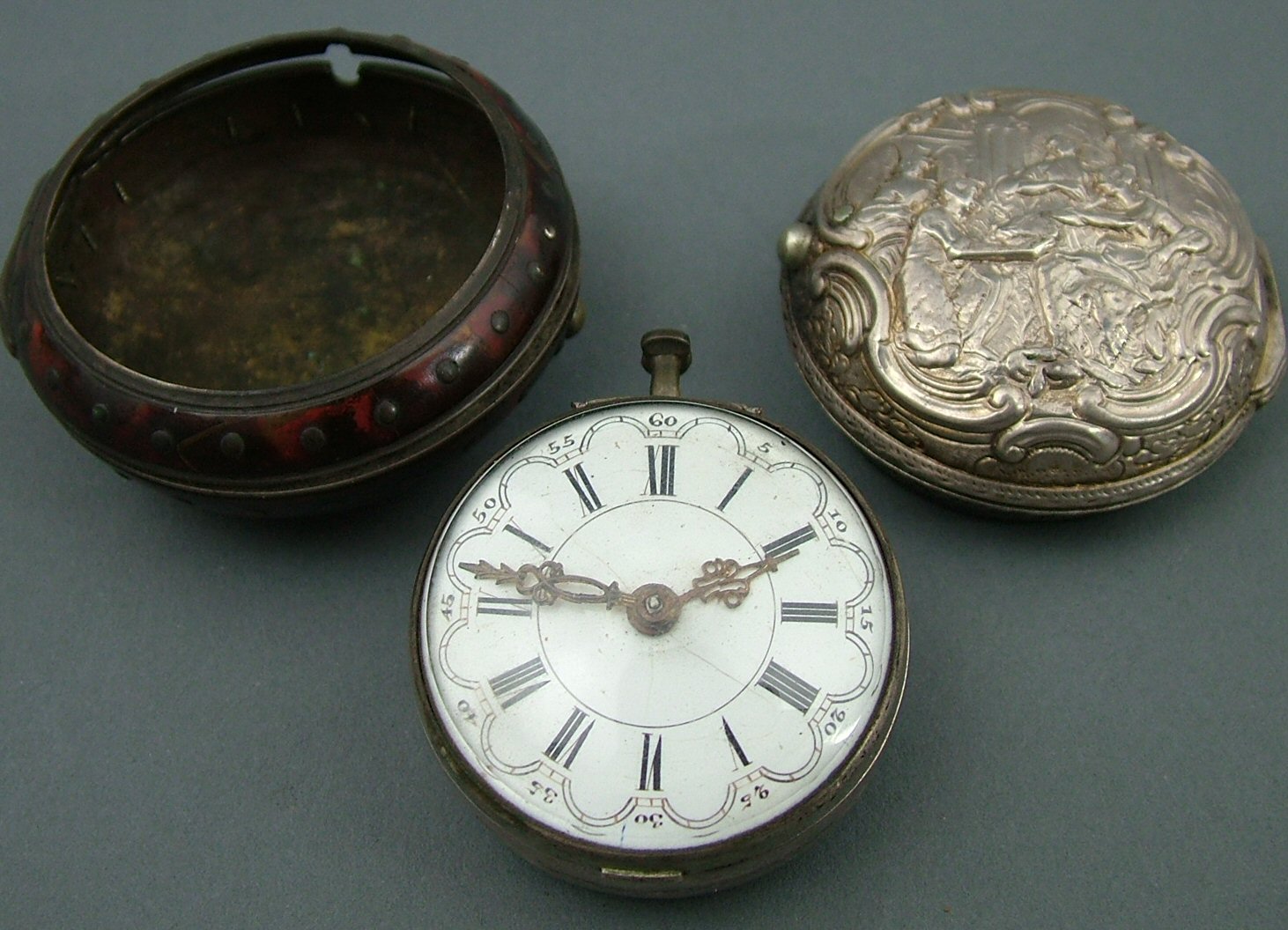 A George III silver and tortoiseshell triple cased verge pocket watch,