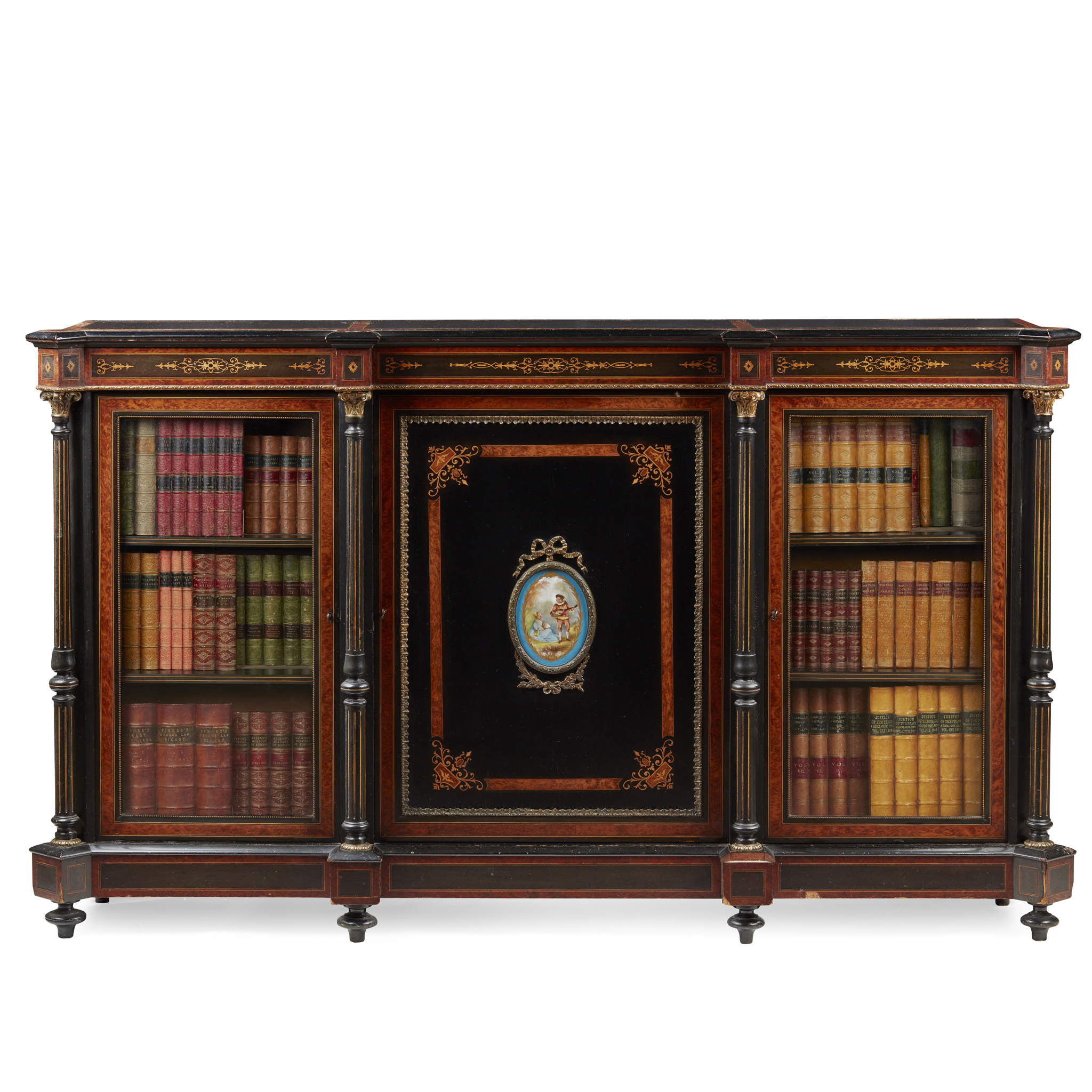 VICTORIAN AMBOYNA, EBONISED, GILT METAL AND PORCELAIN MOUNTED CREDENZA
