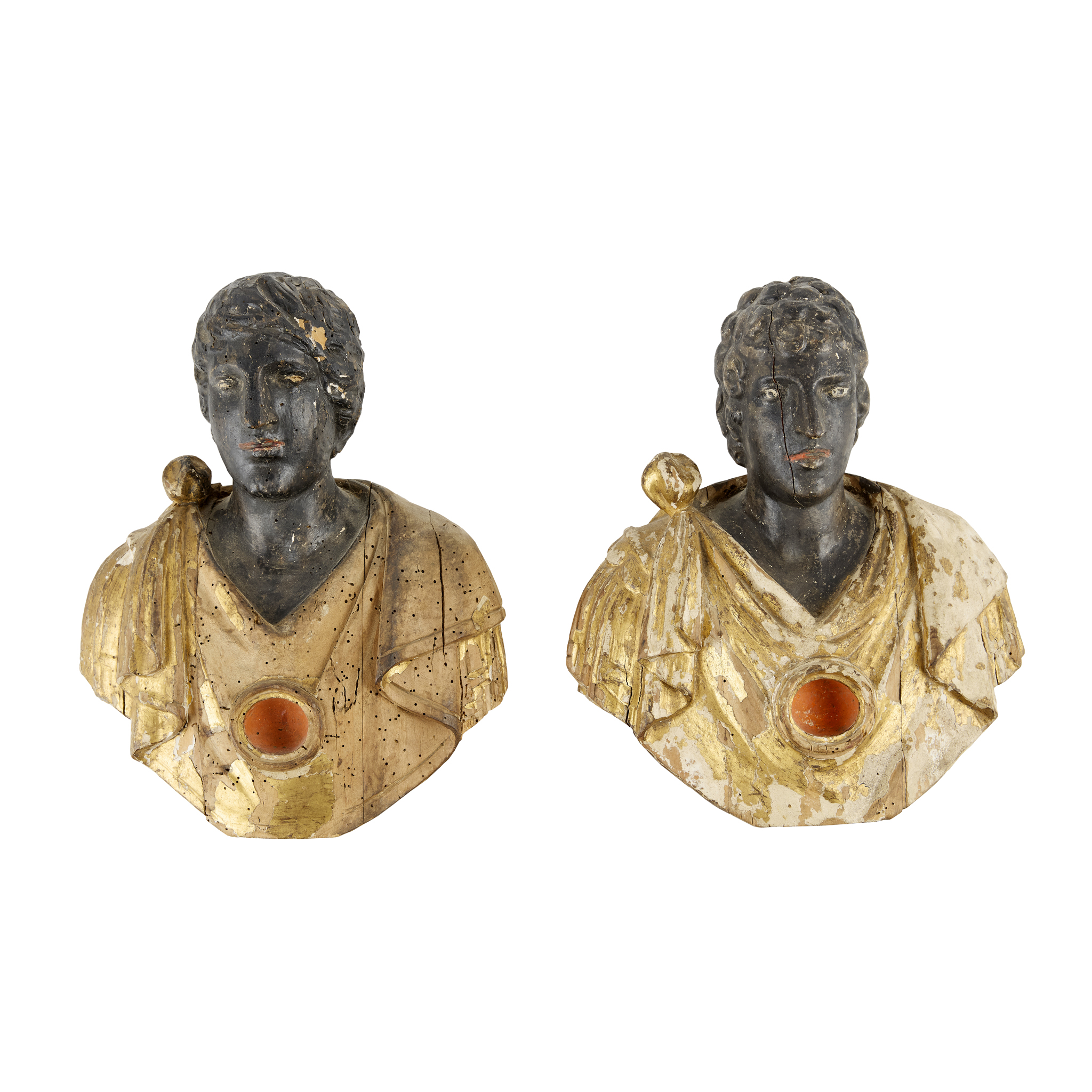 PAIR OF ITALIAN PAINTED AND GILTWOOD FIGURAL BUSTS