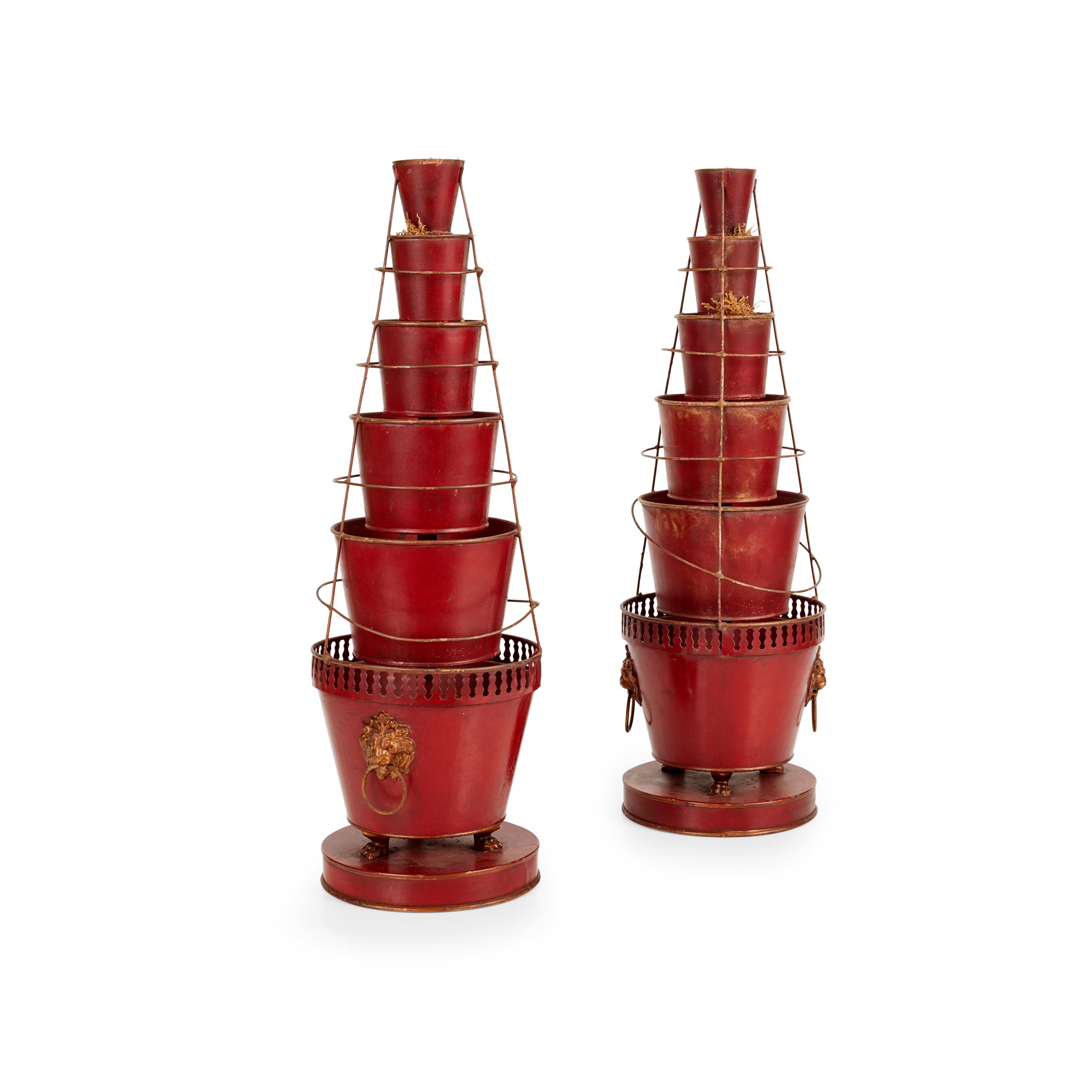 PAIR OF RED AND GILT TOLE JARDINIERES